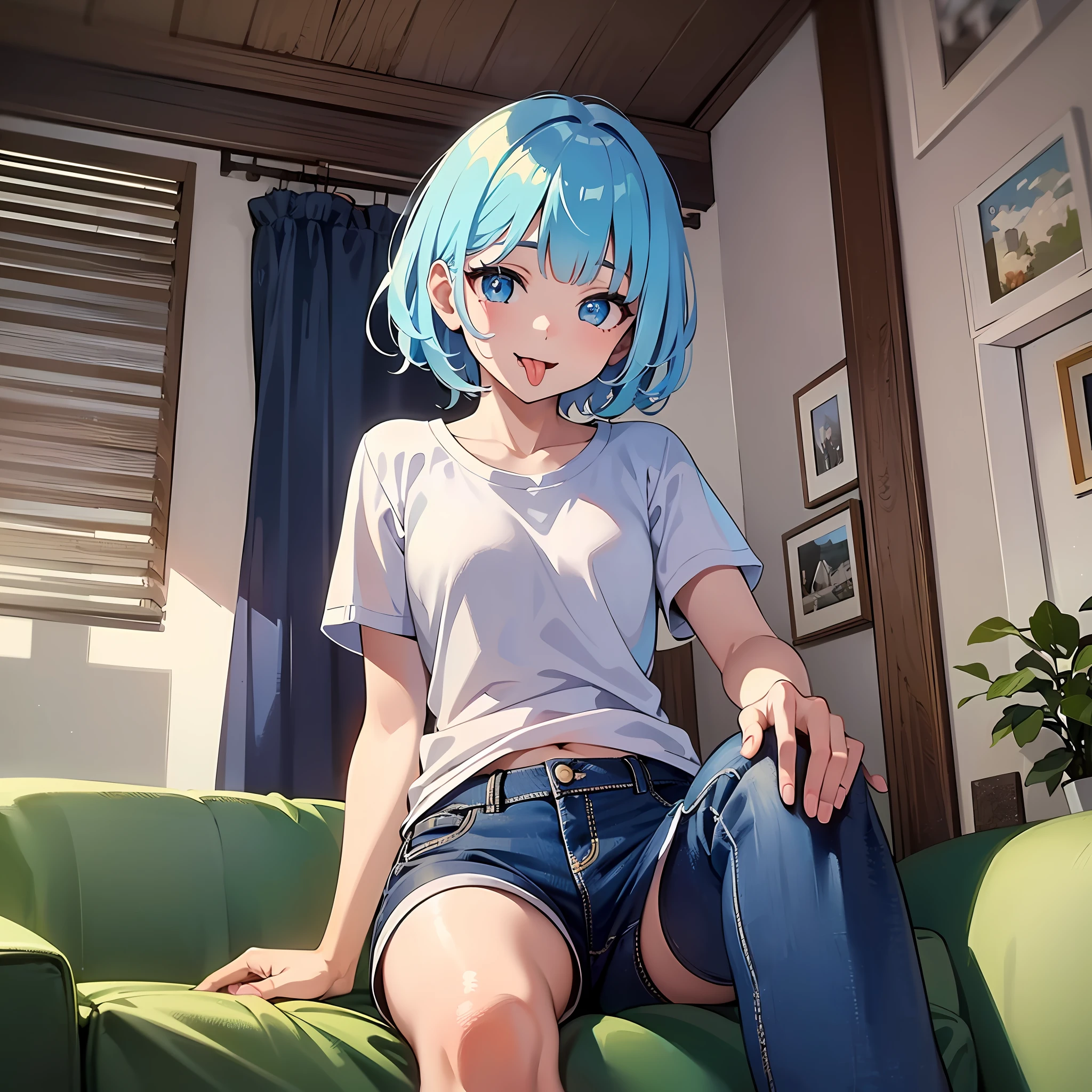 (masterpiece:1.3), (best quality:1.3), high resolution,
couboy shot,
body facing forward, sitting on the sofa,
(one cute girl:1.3), solo,
white skin, small Breast, eight-headed person,
light blue hair, (bobbed hair:1.2), (short hair:1.2), (blunt bangs:1.2), beautiful hair, blue eyes, beautiful detailed eyes,
(tongue out:1.3), heart, cheerful smile,
casual clothes, short pants, Simple Costumes,
indoors, living, white room,
shadowlighting,