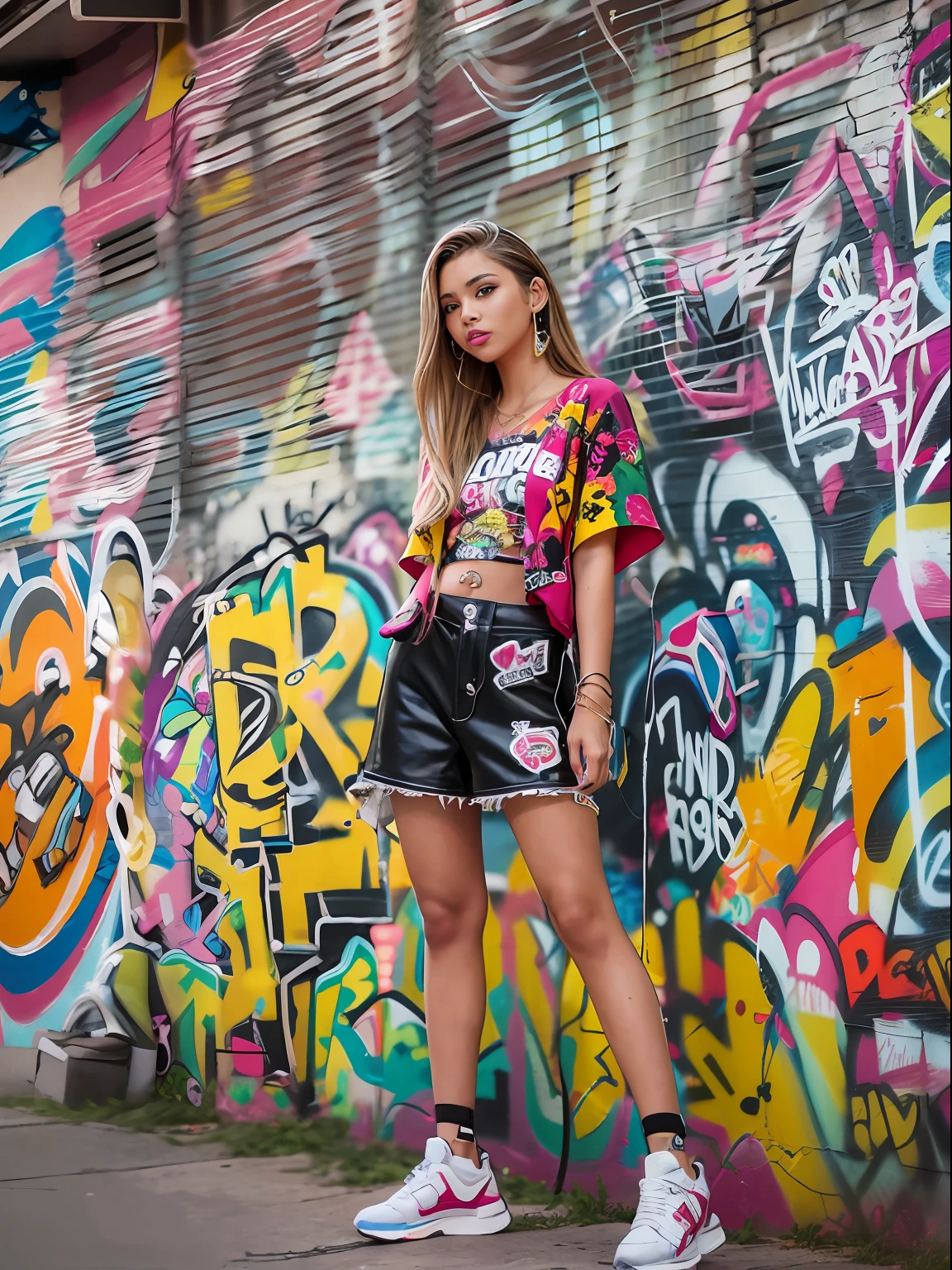 Fashion model photography, fashion trend girl, summer, street style, full body, Street graffiti wall in the background,The walls are all graffiti in English,dream space --s 750 --q 2 --v 5.1