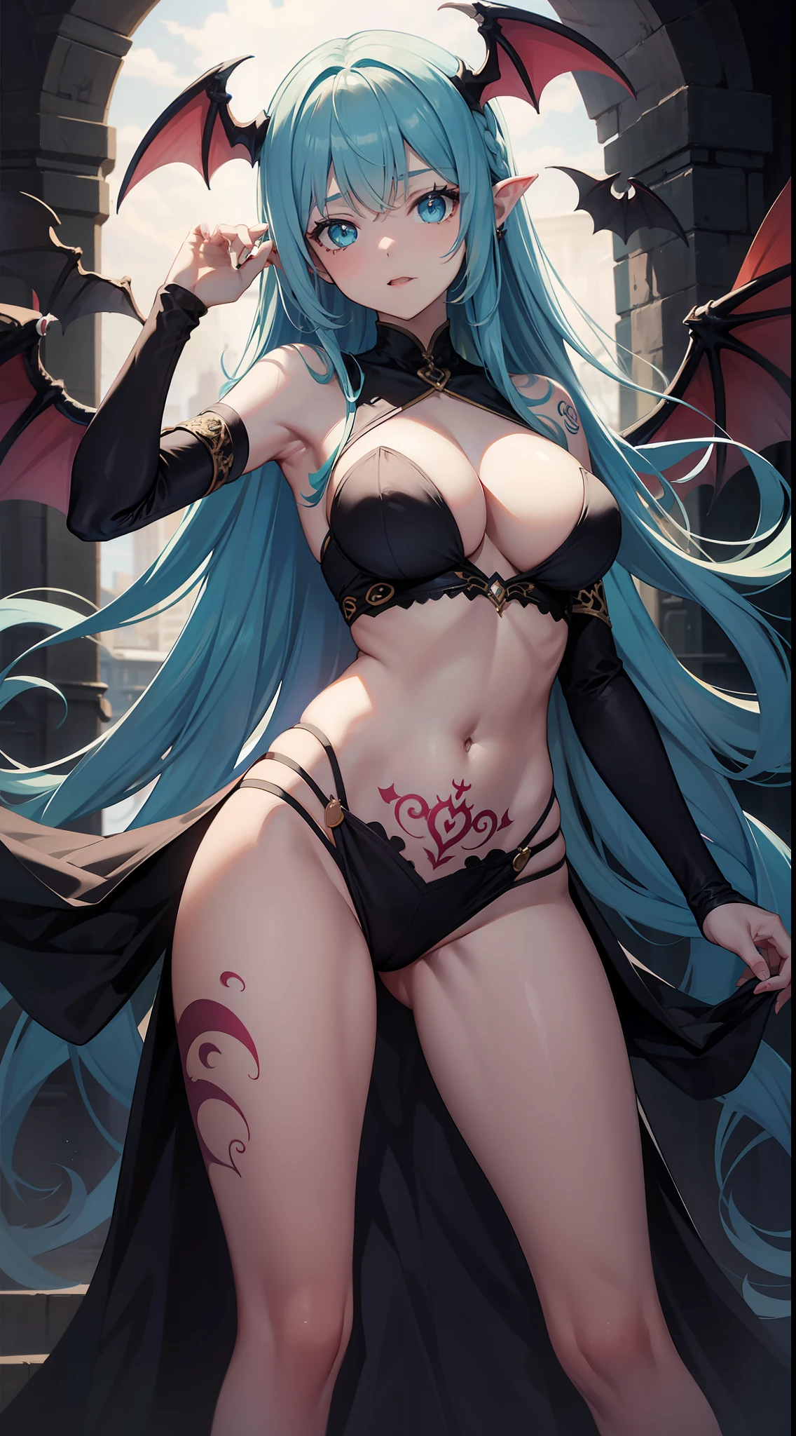 young girl, Long white hair, Cyan eyes, Tatoo, succubus, open belly, open breasts, Masterpiece, hiquality
