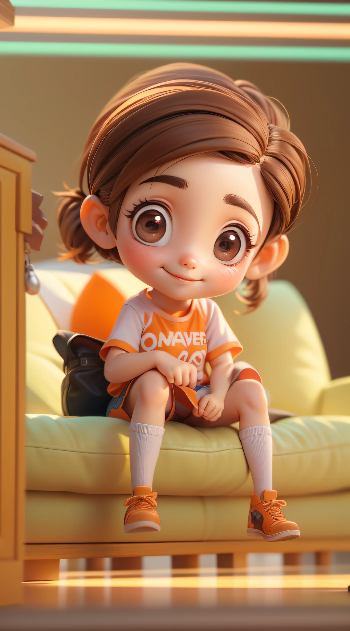 a super cute girl, big eyes,brown hair, Pigtail hairstyle ,princess he
adband,Wearing an orange Ultrama printed ,T-shirt Hands on the sofa , A naive smile, IP by pop mart,movie lighting,Soft focus,
girlsolid color background, 3D render,blender,oc,ultr
a high definition --ar 9:16