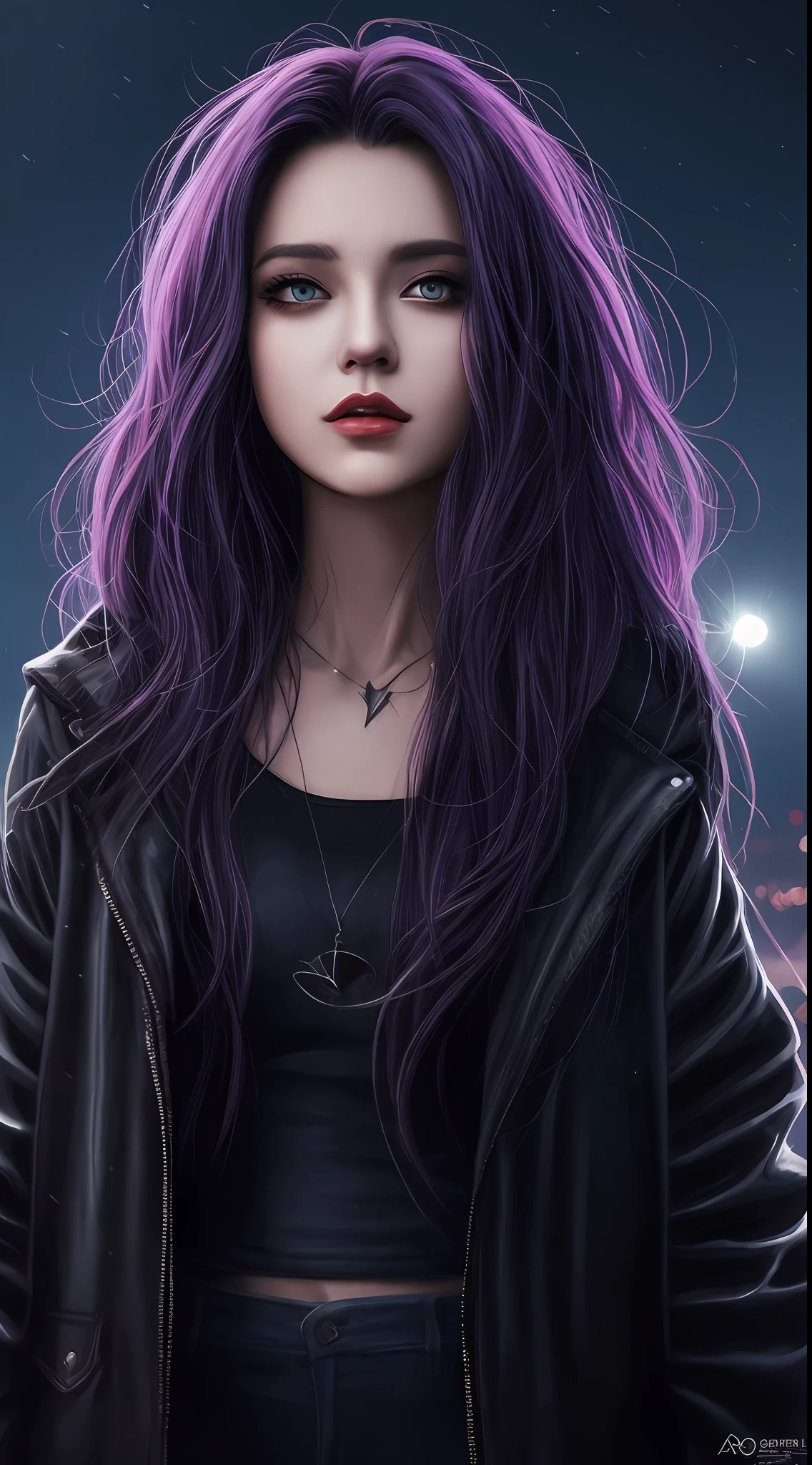 um close up de uma mulher com cabelo roxo e um top preto, desenhado no estilo de Artgerm, Modelo IG | Artgerm, Alena Aenami e Artgerm, splashes of lightning behind her, Ross Tran 8 K, Artgerm extremamente detalhado, menina cyberpunk sonhadora, em estilo de artgerm, Estilo de arte realista