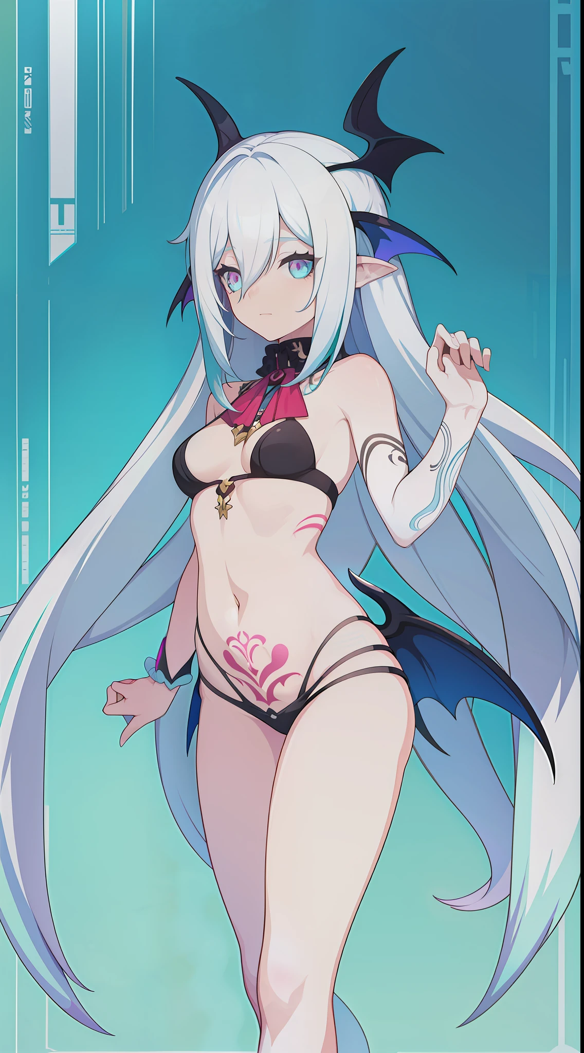 young girl, Long white hair, Cyan eyes, Tatoo, succubus, open belly, open breasts, Masterpiece, hiquality