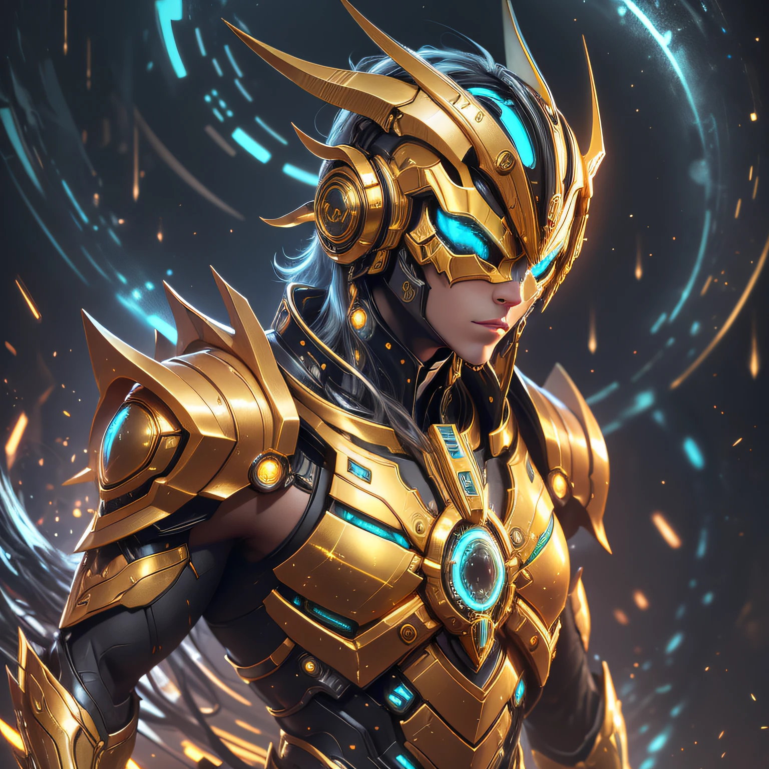 half body image, bioluminic, Gold galactic cybernetic helmet, Gold power ranger armor, power rangers style, sh4g0d,