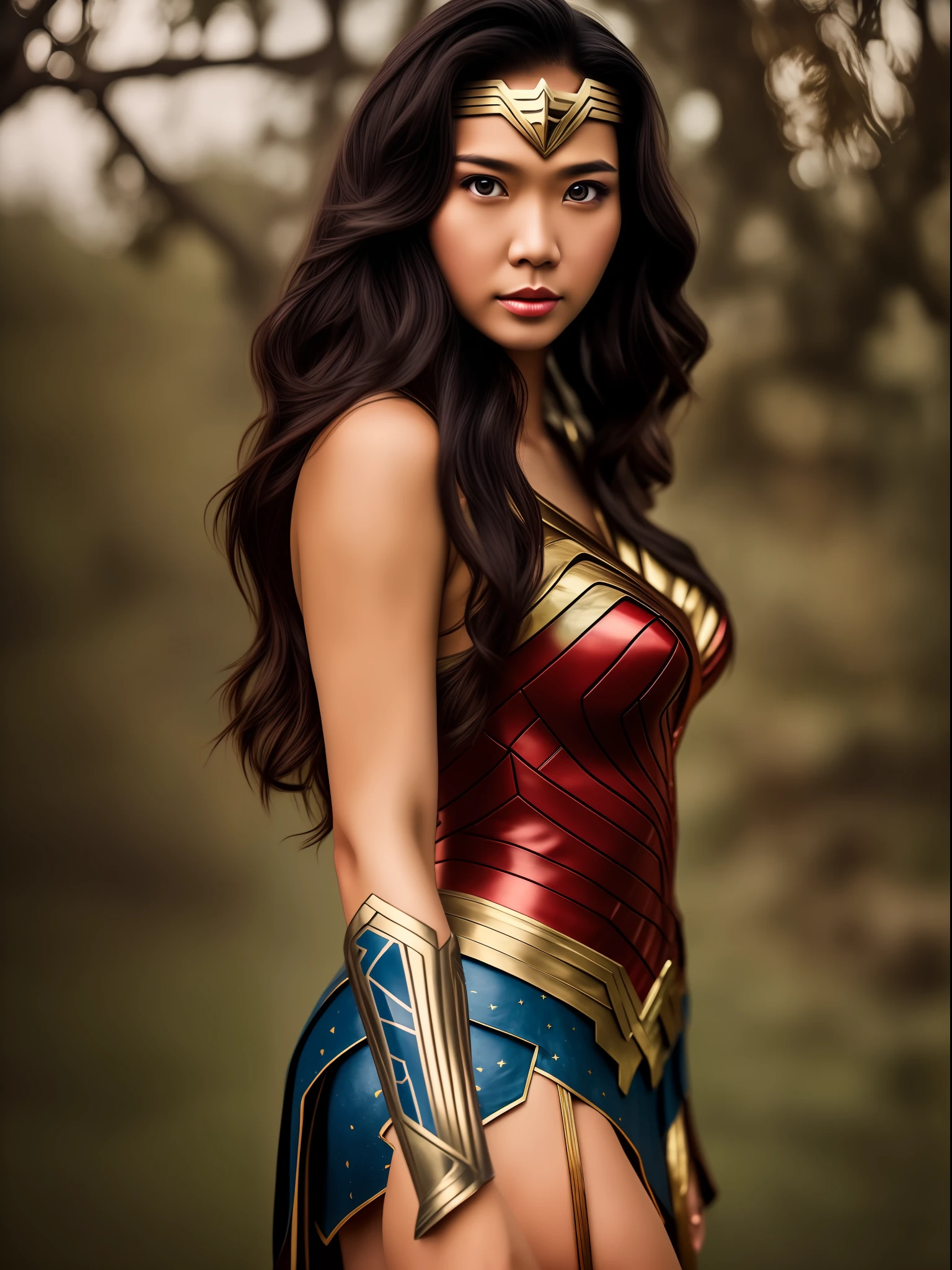charming southeast asia wonder woman , half body portrait, professional color grading, cinematic