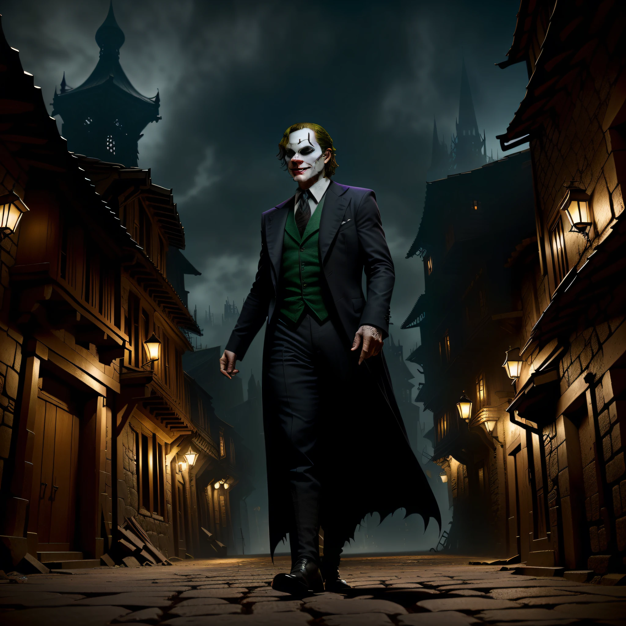 Low angle view, low angle shot, ultra detail photo of the notorious villain, Joker in the dark knight, walking in the street of medieval aged village, Joker in the street, highly detailed, hyper realistic, octane render, unreal engine, 8k resolution