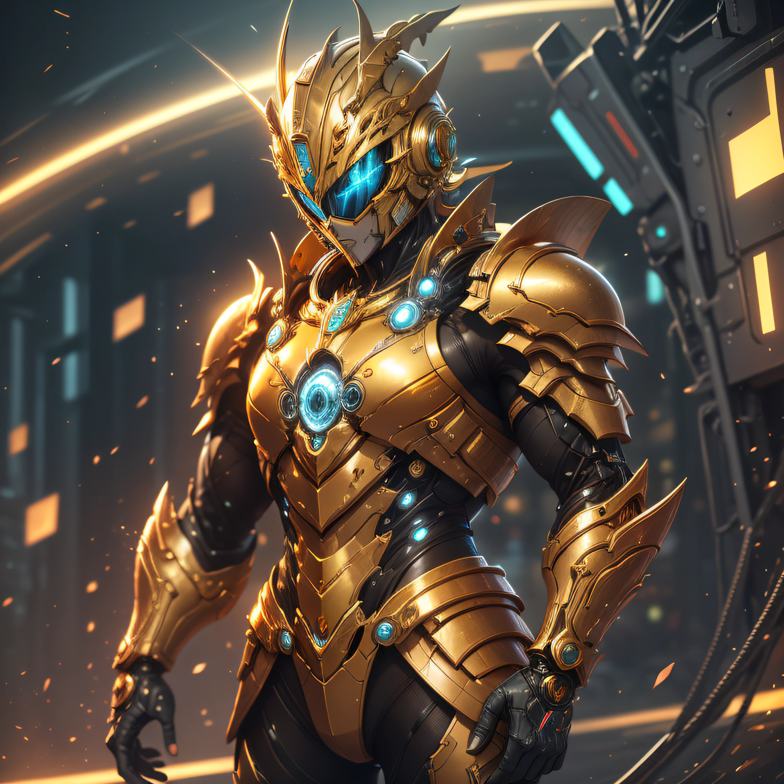 half body image, bioluminic, Gold galactic cybernetic helmet, Gold power ranger armor, power rangers style, sh4g0d,