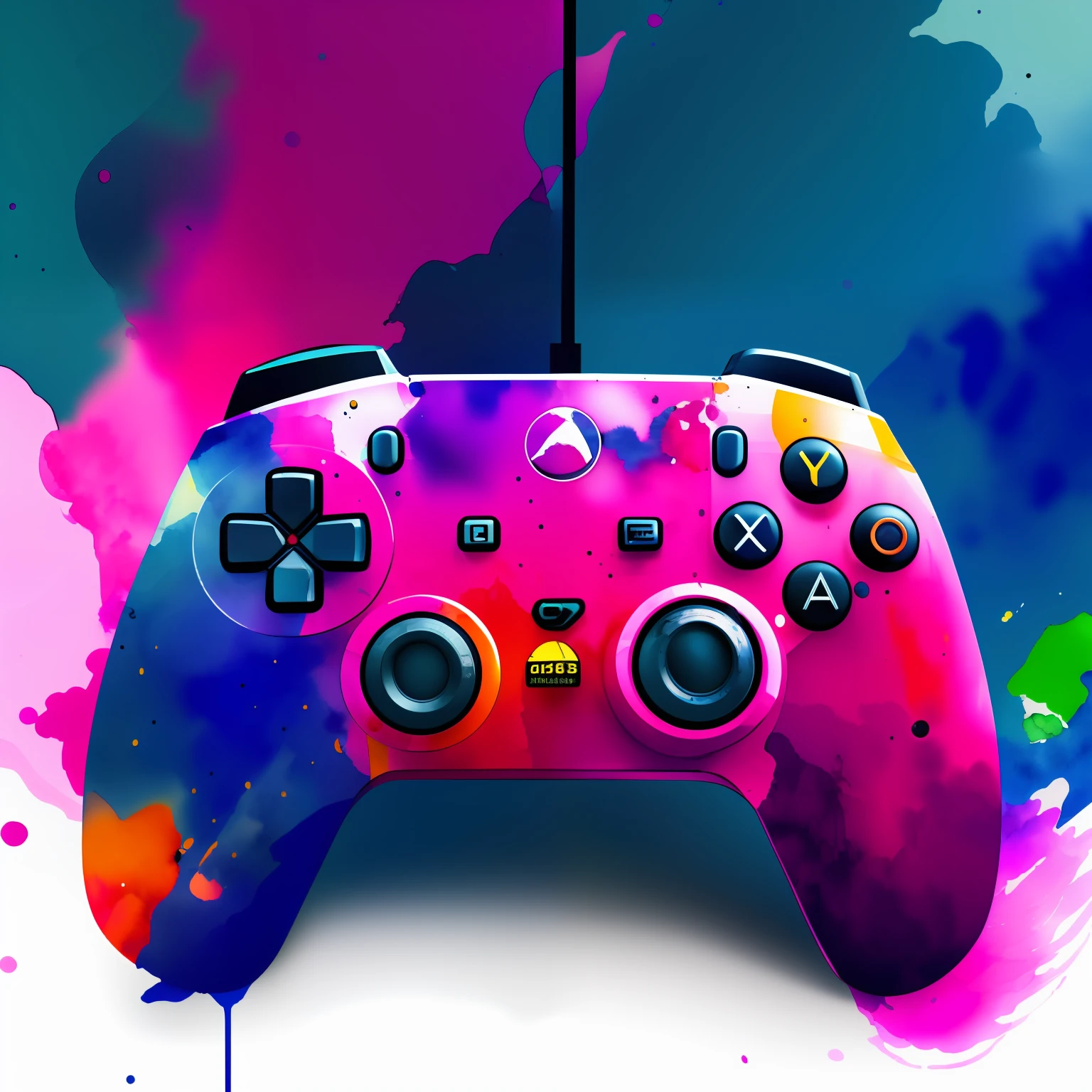 watercolor game controller, ink splatter background, Masterpiece, best quality, (very detailed CG unit 8k wallpaper) (best quality), (best illustration), (best shadows) ray tracing, ultra detailed, --auto --v6