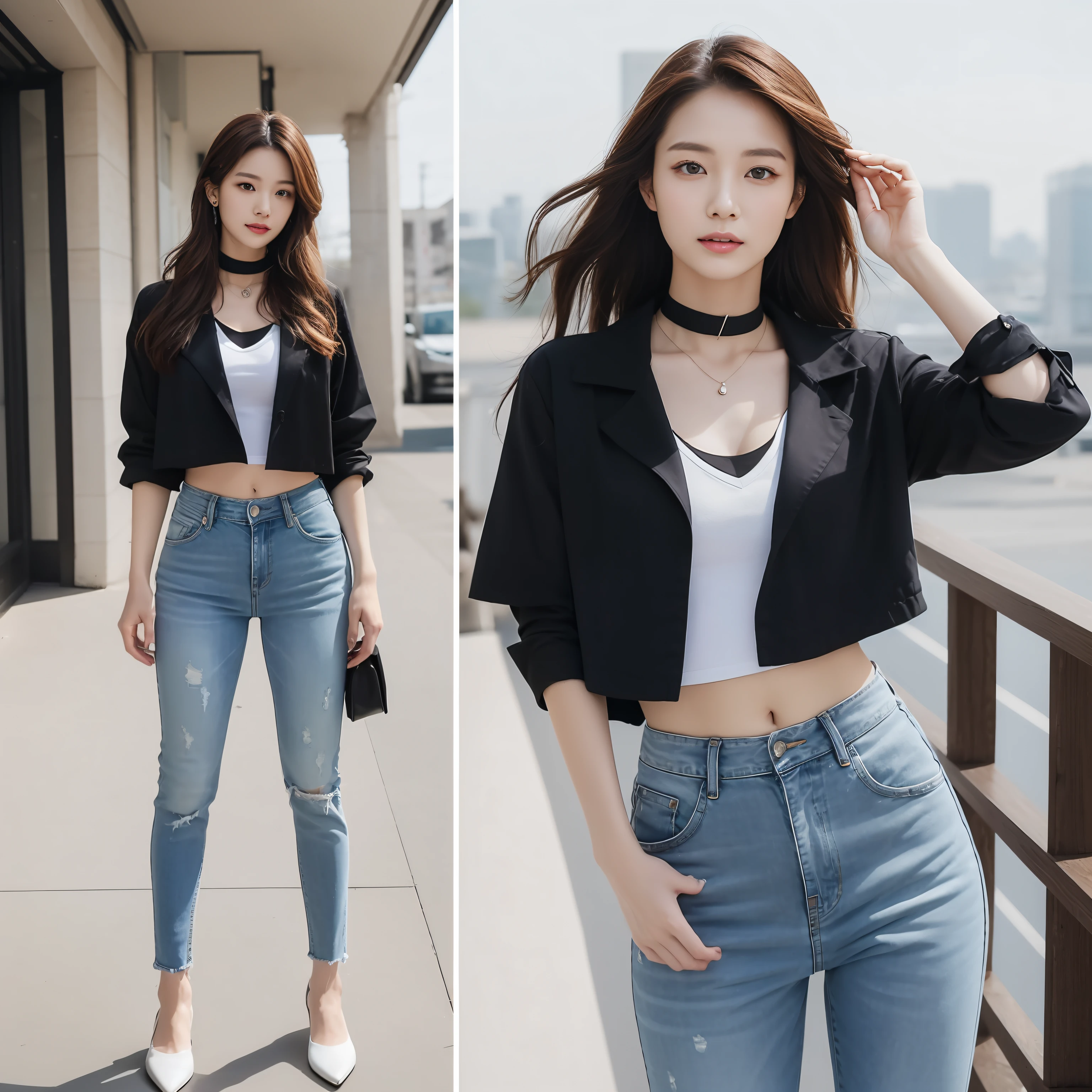 (best qualtiy，A high resolution，tmasterpiece:1.3)，An Asian Chinese beauty with a perfect body，Slender abs，Dark brown hair in loose wavy styling，wearing a choker，White T-shirt on the top，Lower jeans，Stand on the roof，Beautifully rendered details in face and skin textures，Detailed eyes，二重まぶた，standing full-body