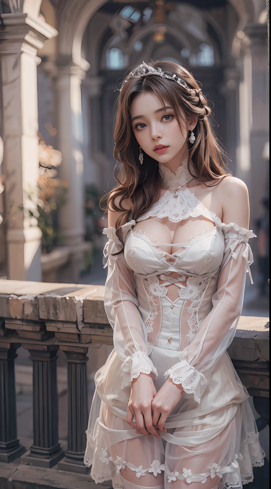 （8K， RAW photos， best qualtiy， tmasterpiece：1.2），（realisticlying， photograph realistic：1.4)
Lolita costume，Lace， Aerith Gainsborough， The upper part of the body， undergarments，exposed bare shoulders， do lado de fora， Old castle， high high quality， Adobe Lightroom， highdetailskin， looking at viewert，