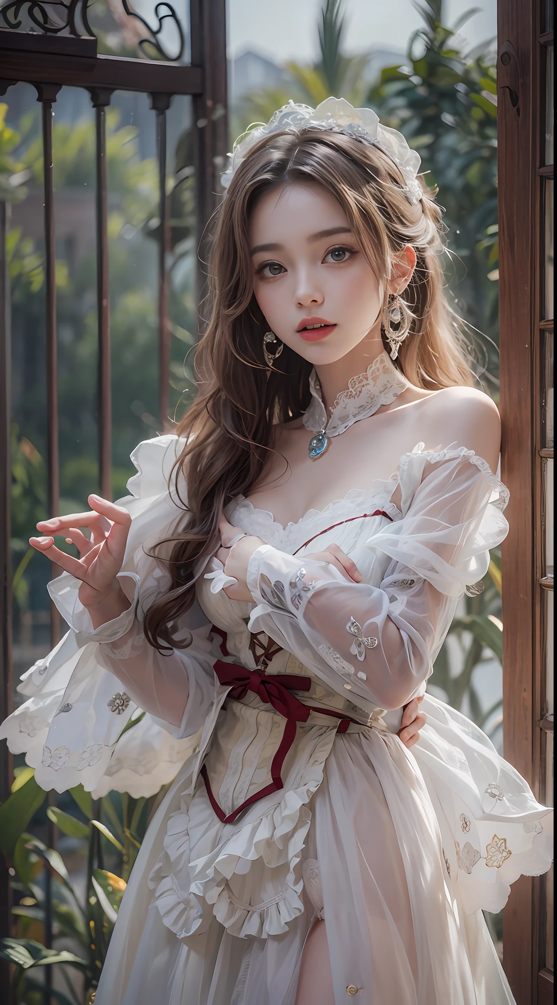 （8K， RAW photos， best qualtiy， tmasterpiece：1.2），（realisticlying， photograph realistic：1.4)
Lolita costume，Lace， Aerith Gainsborough， The upper part of the body， undergarments，exposed bare shoulders， do lado de fora， Old castle， high high quality， Adobe Lightroom， highdetailskin， looking at viewert，