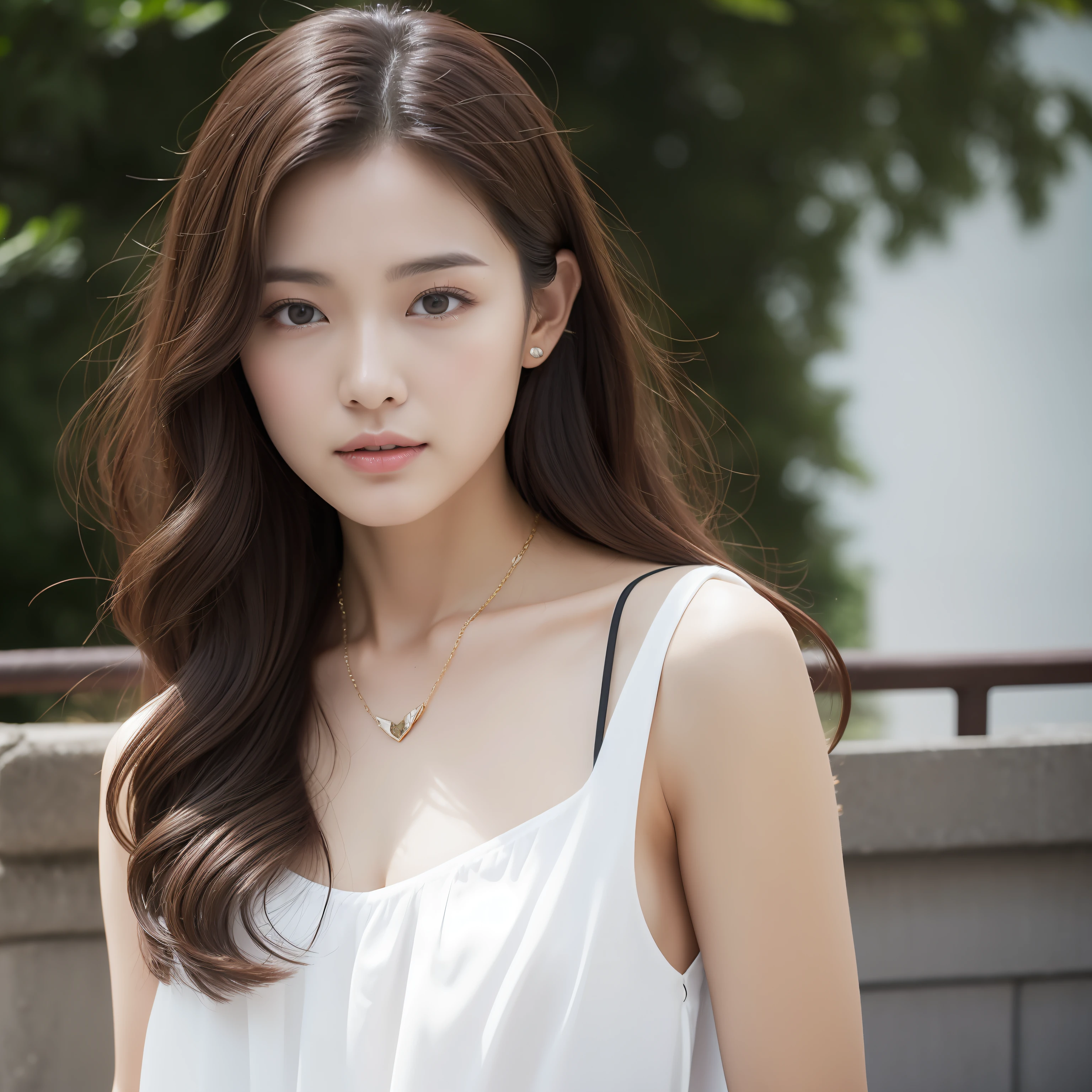 (best qualtiy，A high resolution，tmasterpiece:1.3)，An Asian Chinese beauty with a perfect body，Slender abs，Dark brown hair in loose wavy styling，Wear a beautiful necklace，White blouse and short black skirt，Stand on the roof，Beautifully rendered details in youthful face and skin texture，Detailed eyes，二重まぶた，standing full-body