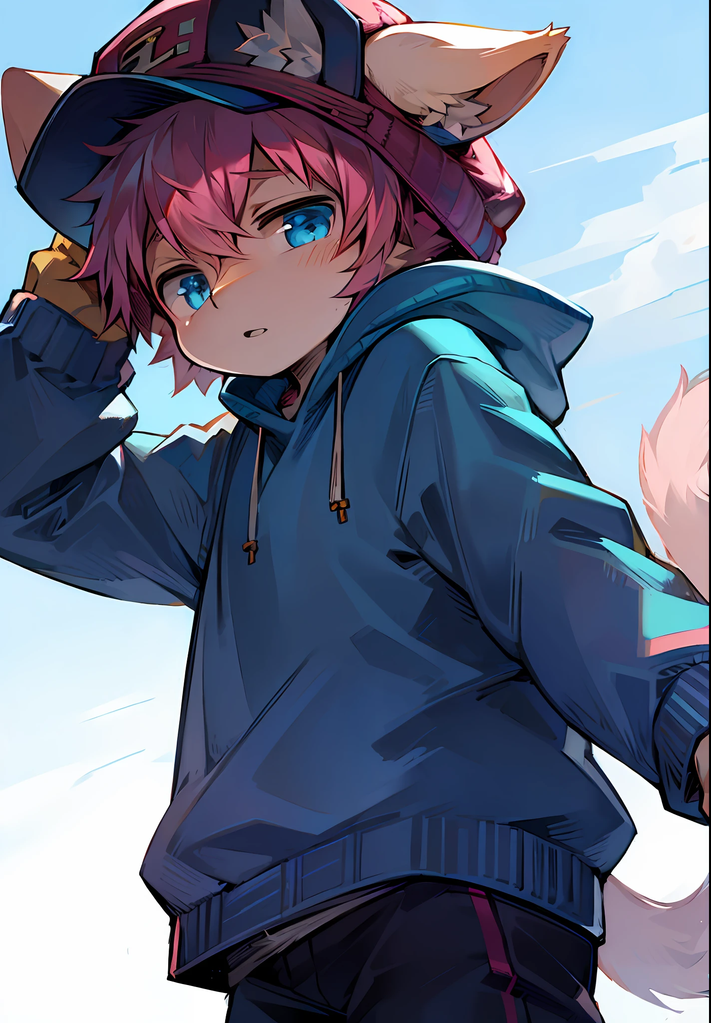 In pink,blue colors,younge boy,catss,wear cap,Sweatshirt,Expose the entire hat