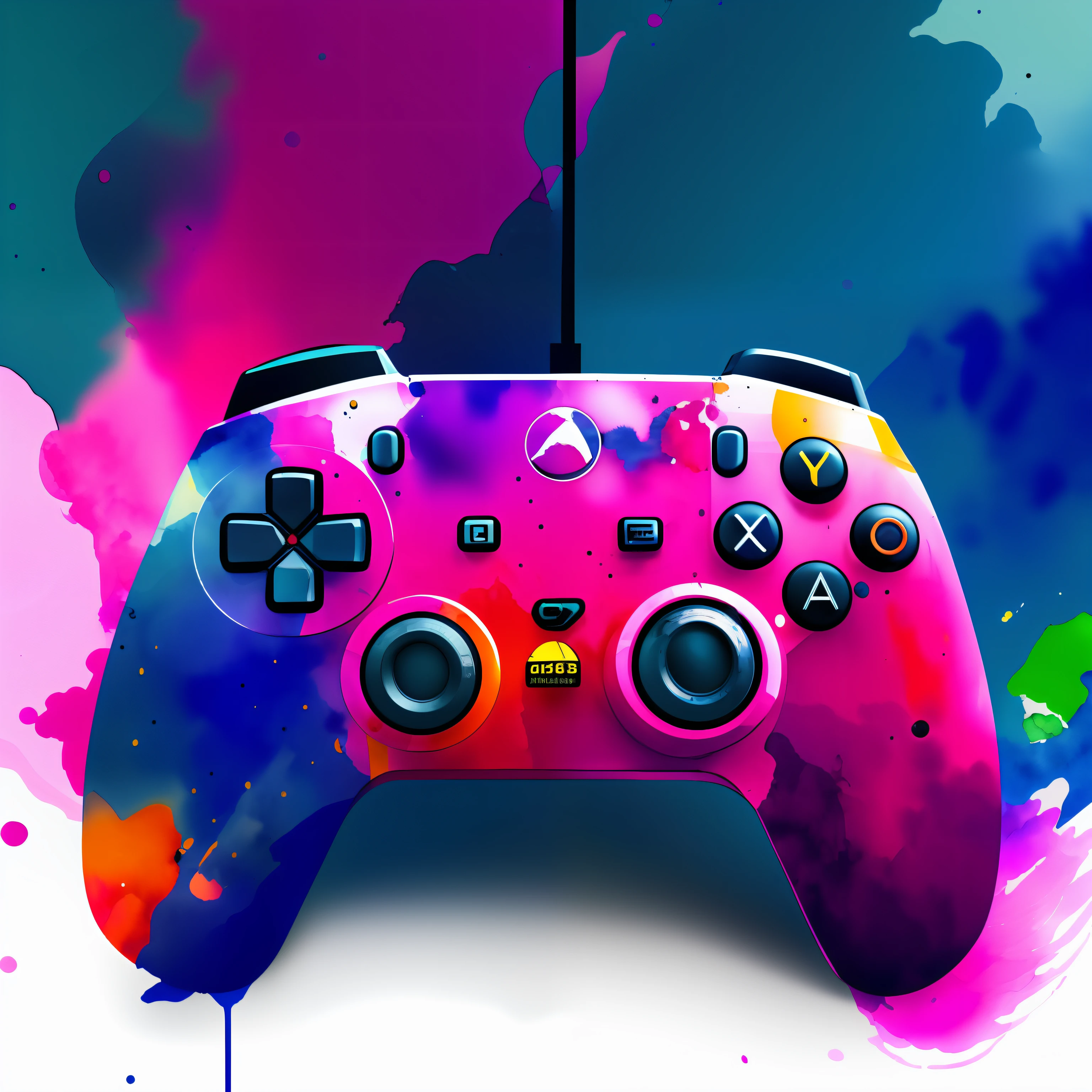 watercolor game controller, ink splatter background, Masterpiece, best quality, (very detailed CG unit 8k wallpaper) (best quality), (best illustration), (best shadows) ray tracing, ultra detailed, --auto --v6