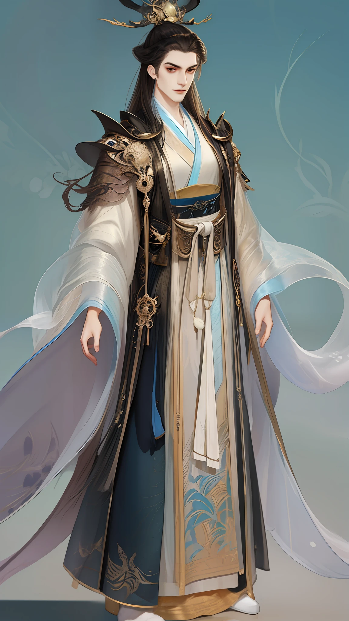 best qualtiy，tmasterpiece，highly detailed wallpaper，1 man，Full body standing painting，malefocus，brunette color hair，long whitr hair，Kingly temperament，详细的脸，gorgeous hair accessory，looking at viewert，Hanfu，超高分辨率，sketching，ink wash style