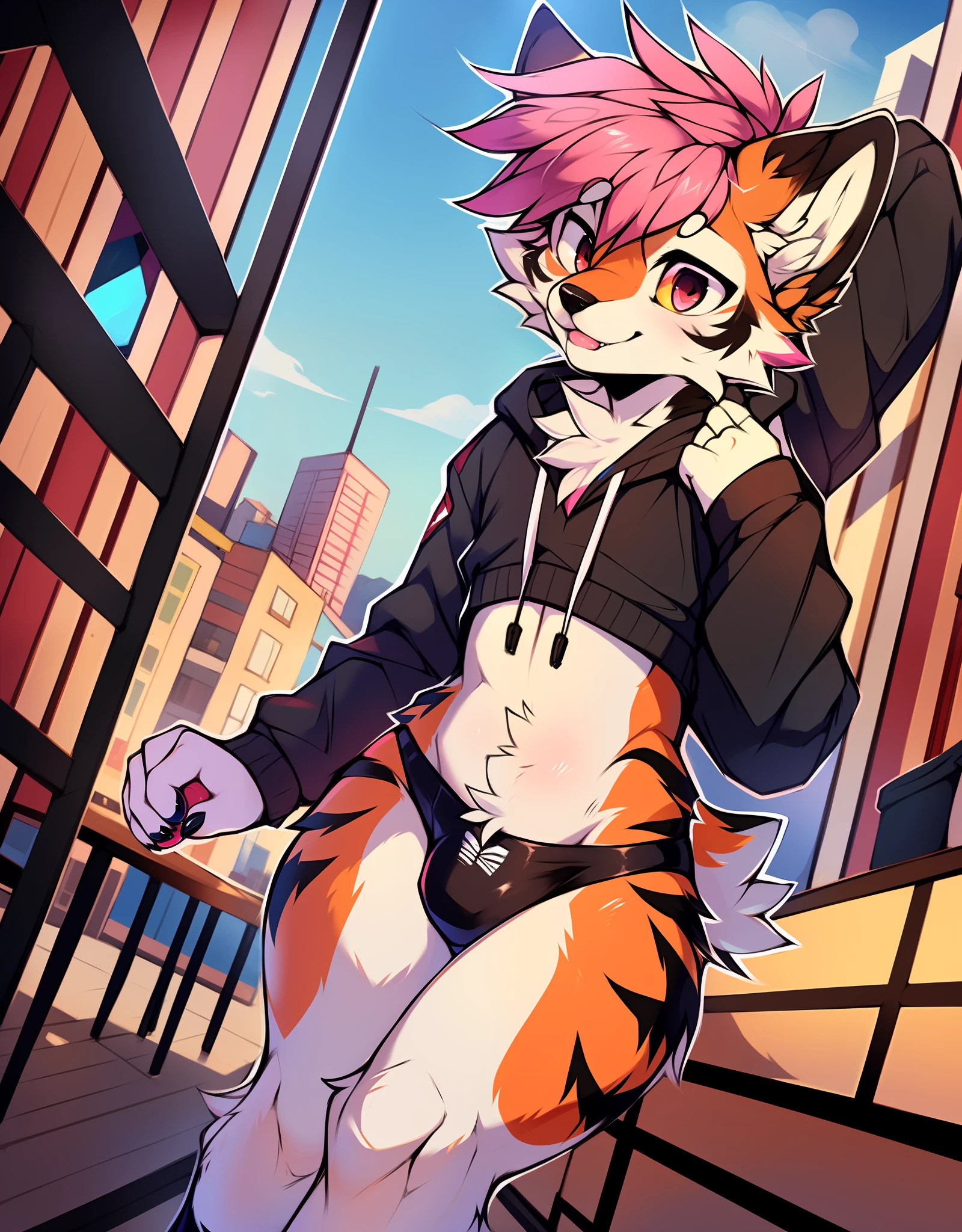 by zackary911, (coffee:1.1), e621, Dog-1, Fox, anthro, femboy, solo, tight black hoodie clothing, fur, looking up perspective, perspective from tiny, (he is looking down at the tiny), curvy thighs, huge thighs, blep, Dog-1, dog-1 furafinity, Dog-1 you tuber, fox with trigesa details, black outfit with red detail V-neck, fox with very dark ears, Puple eye,big belly plus six pack, color, left eye red, right eye pink, limp, pink hair, tiger detail on the body, very tight panties,by zackary911, (coffeesoda:1.1), hioshiru, zackary911, wolf, anthro, femboy, solo, tight black hoodie clothing, fur, looking up perspective, perspective from tiny, (he is looking down at the tiny), curvy thighs, huge thighs, blep, Dog-1, dog-1 furafinity, Dog-1 you tuber, fox with trigesa details, black outfit with red detail V-neck, fox with very dark ears, blue gray color, left eye red, right eye pink, limp, pink hair, tiger detail on the body, very tight panties, favela Brazil in the background of the window, black ear inside her pink, feminine and masculine scenario bisexual style, femboy written clothes, Brazilians, brasileiro, 32 cm of Dick under the panties,male