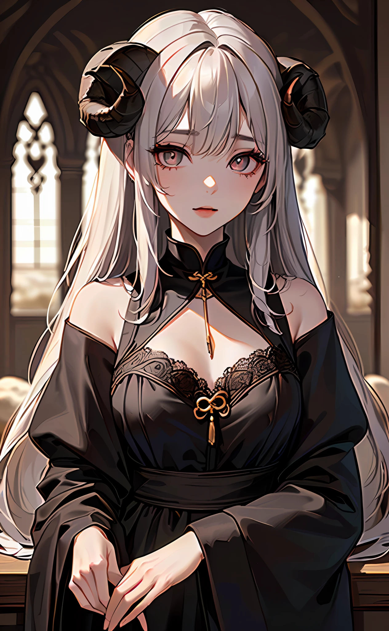 (Photorealsitic:1.3), masterpiece, top-quality, (intricate detailes:1.2), (landscapes:1.3), beautiful countenance, (Black theme:1.3),
(((1girl in、Girl in priestly clothes、(Take a look at Veiwer:1.3).((Brown sheep horns))、)))、Split in half、Detailed pupils、Drawn eyes、((((Sheep's Eyes))))、