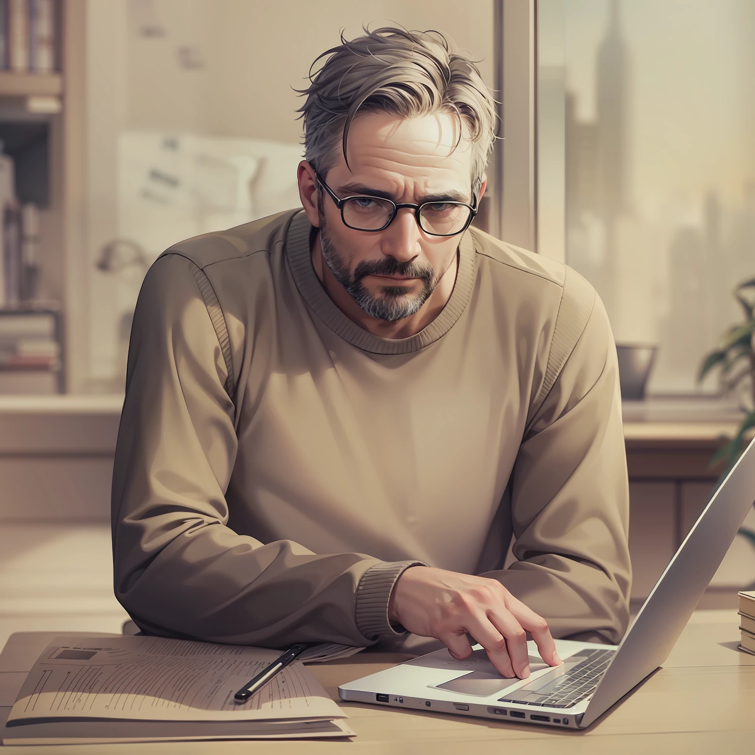 man in his 40s，Sit in front of your laptop，Do the design