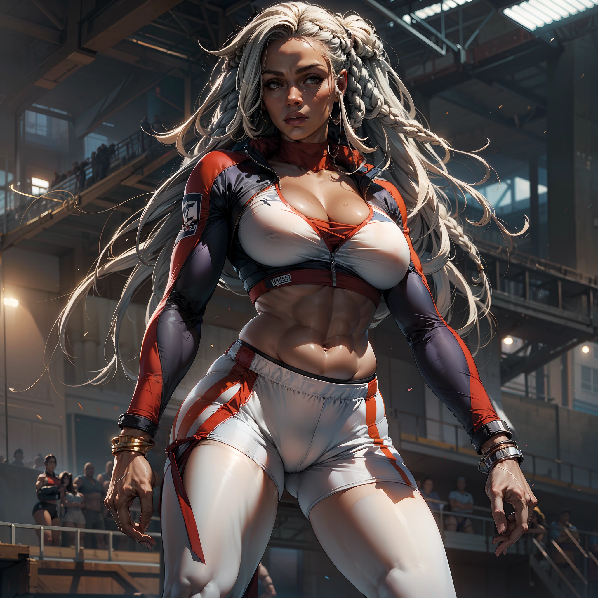 (perfect anatomy), (sports body), (big breastes), (thick-thighs), (perfect arms), (tracksuit ), Pointed bracelets, looking a viewer, (Medium full-frame photography), (Background of the battle arena), (White dreadlocks)