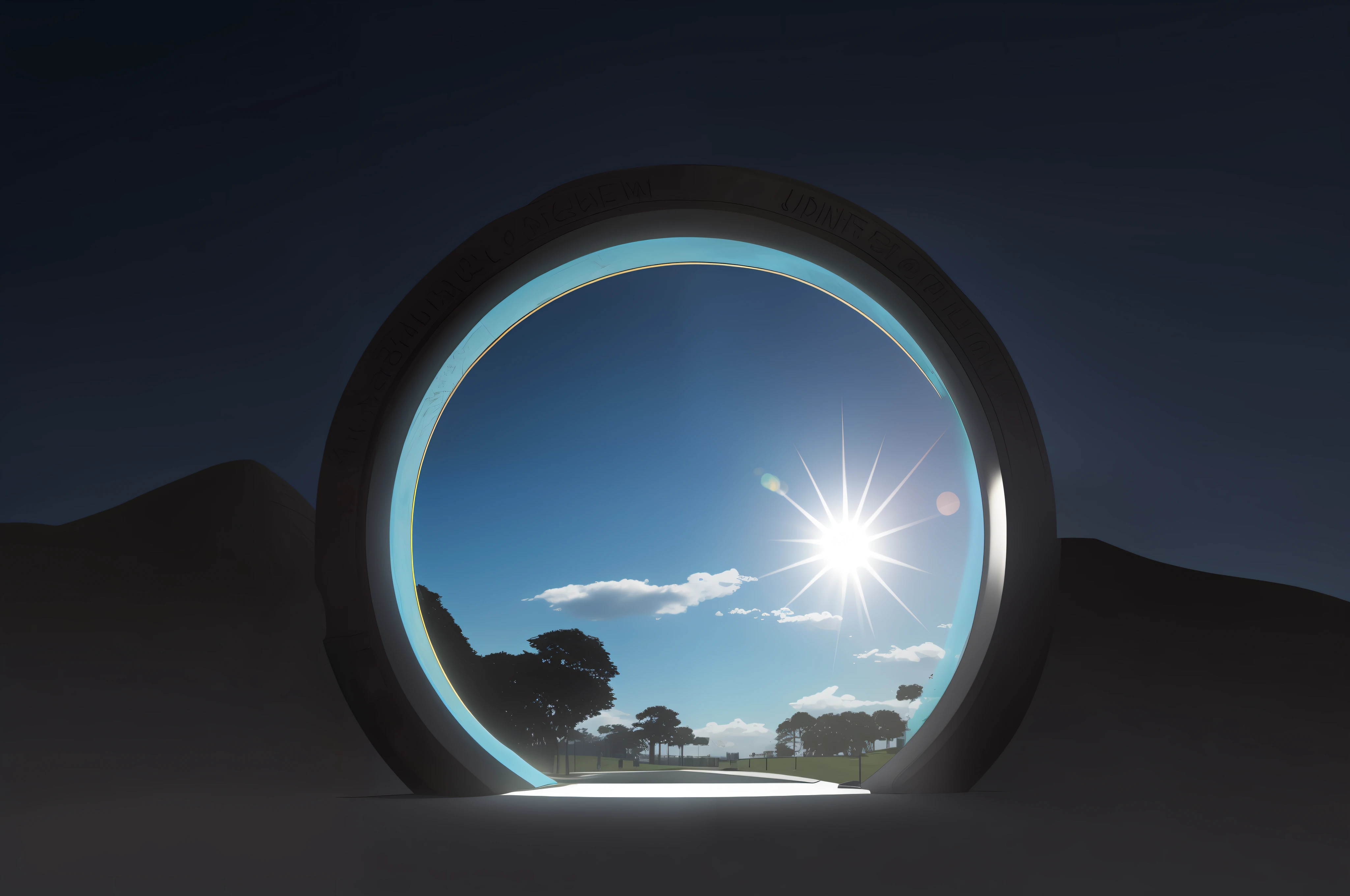 Pelo portal a gente percebe uma linda paisagem em dia de sol intenso, uma hora da tarde de sol forte e intenso