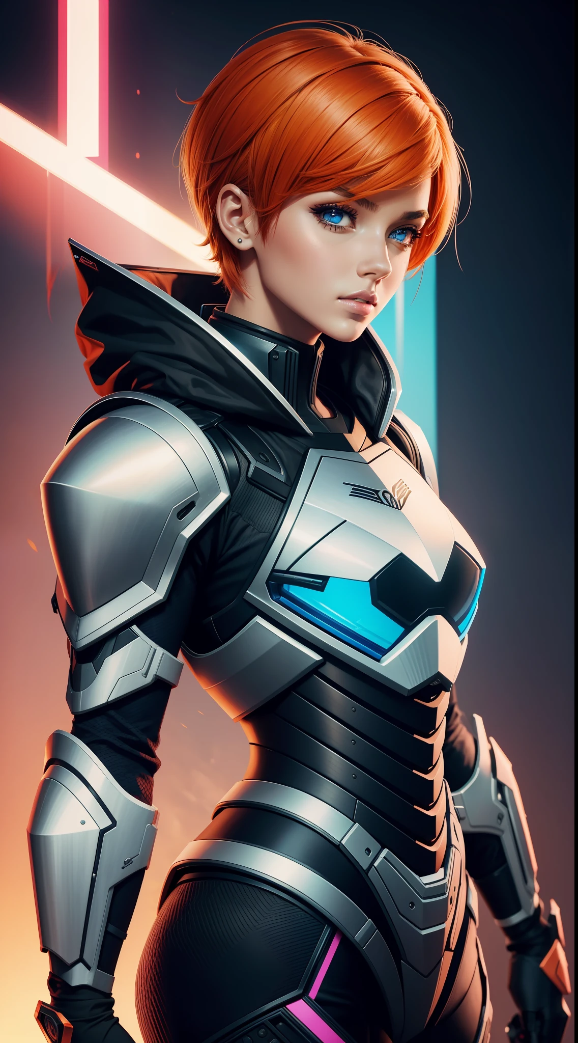 tiro de corpo inteiro, sharp proportion shot, beautiful female, princesa, 26 anos, dressed in modern ballistic armor, rigid exoskeleton, armadura adequada, Armadura preta e cinza, empunhando uma arma laser, short hair, orange hair, raspado nas laterais, rosto hiper realista, altamente detalhado, olhos azuis, vivid colors, dramatic colors, vaporwave, Colouring, espumado, pintura artstation, Artocromo, 2000K