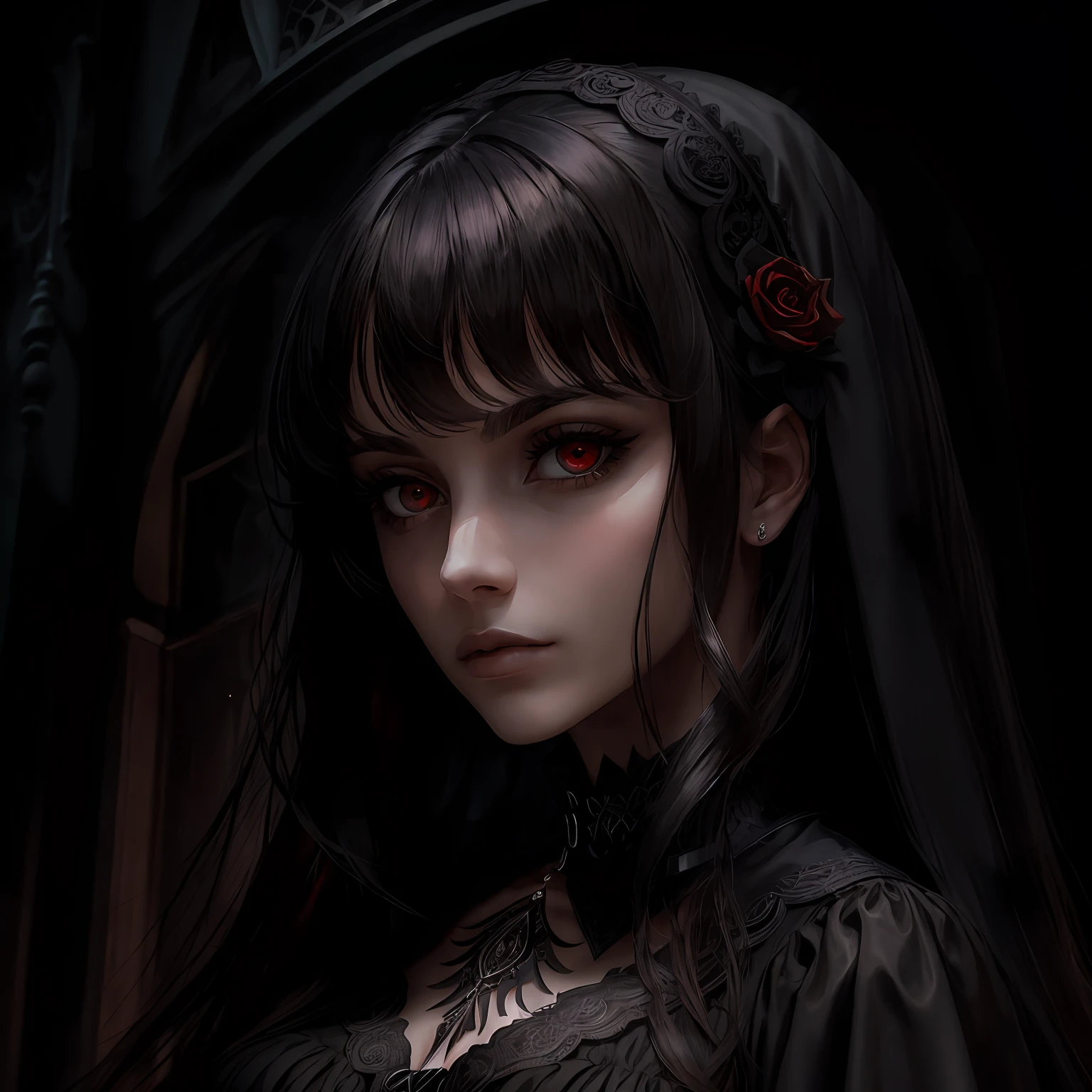 ((masterpiece)), calidad superior, gothic style, retrato oscuro, bella y misteriosa vampira, cabello negro largo, red hypnotic eyes, collar de cuero, ambiente de noche, luna llena brillante, niebla densa, sombras profundas --auto