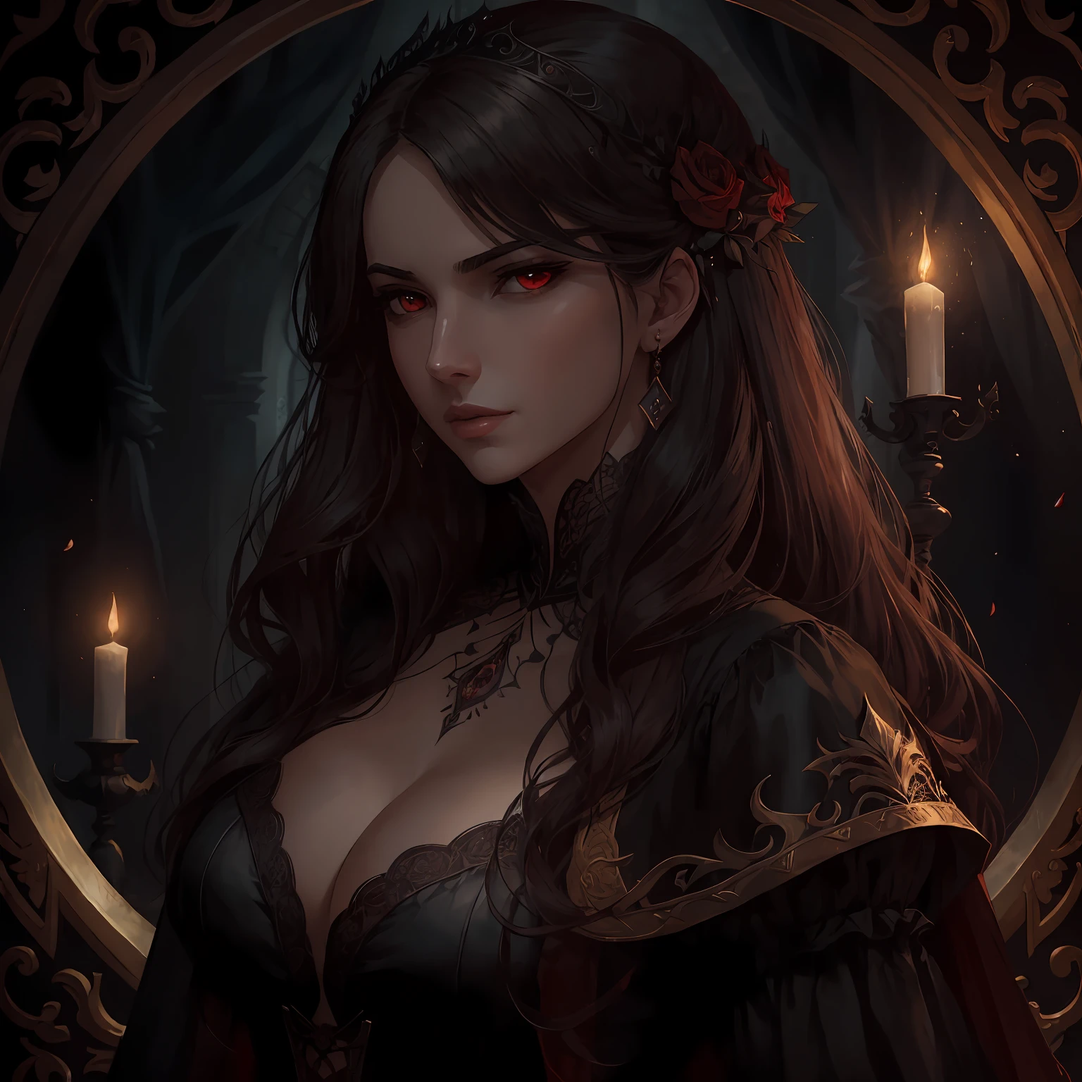 "A magnificent and detailed illustration of Carmilla, una vampiresa misteriosa y seductora. Expresa su belleza y poder en cada trazo. Oscuro pero glamuroso, with reddish and pale tones, highlighting his hypnotic eyes and dark hair. Adds gothic elements and an enigmatic atmosphere to enhance its vampiric aura. Arte impresionante, calidad insuperable. Let the magic of Carmilla come to life in this masterpiece!!" --auto