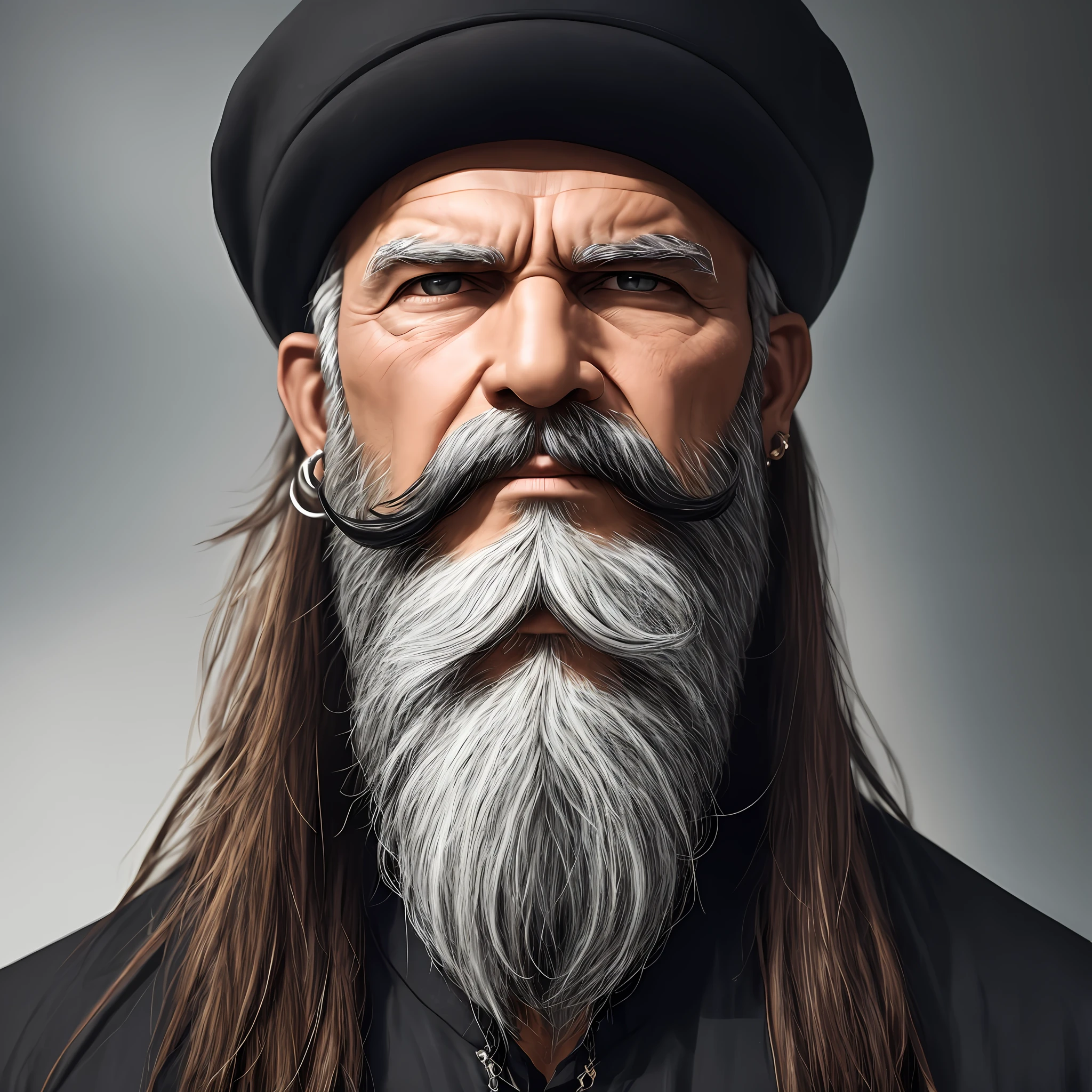 Middle age man , black and white beard , long beard , indian , black eyes , black clothes , ear ring, long hairs , hd , 8k --auto