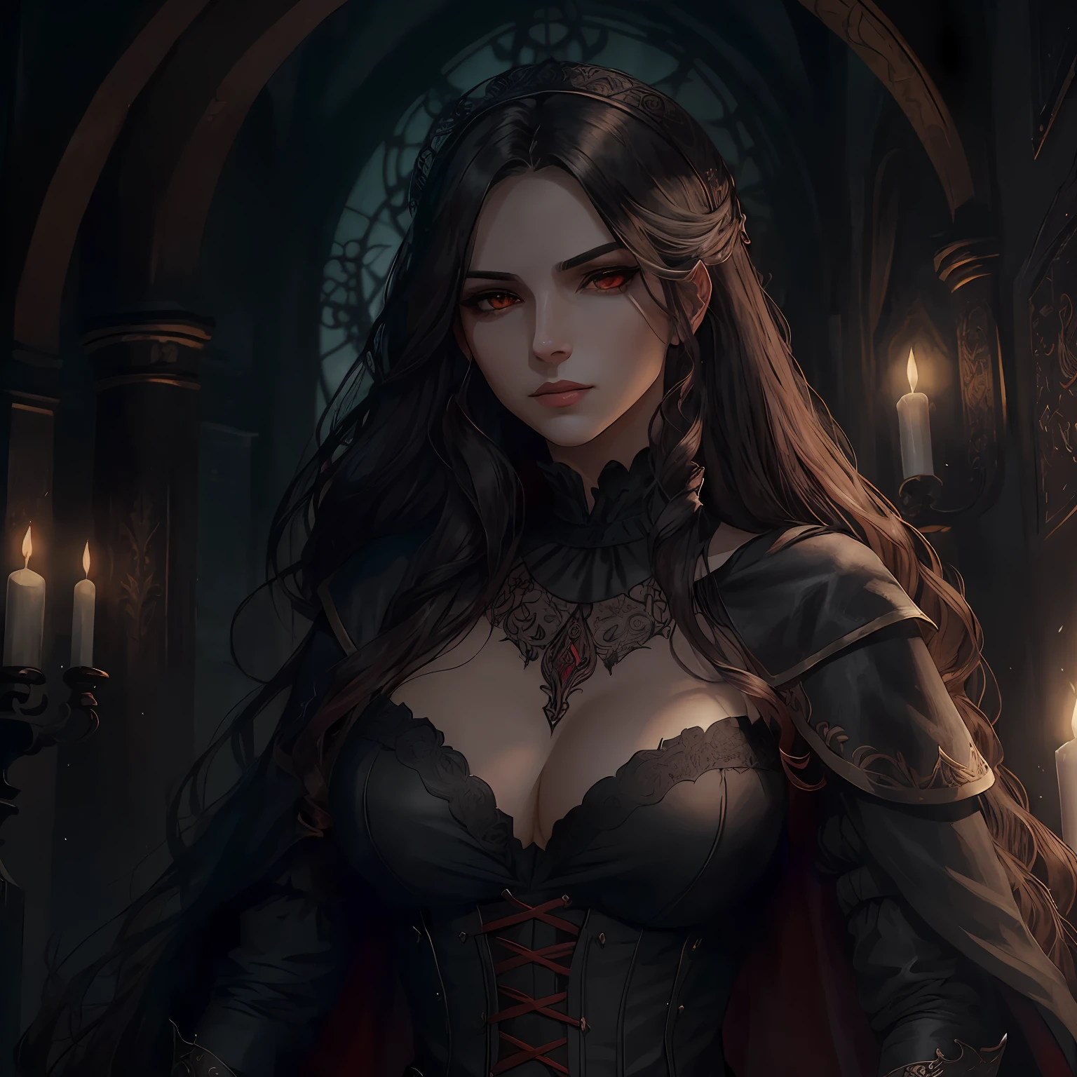 "A magnificent and detailed illustration of Carmilla, una vampiresa misteriosa y seductora. Expresa su belleza y poder en cada trazo. Oscuro pero glamuroso, with reddish and pale tones, highlighting his hypnotic eyes and dark hair. Adds gothic elements and an enigmatic atmosphere to enhance its vampiric aura. Arte impresionante, calidad insuperable. Let the magic of Carmilla come to life in this masterpiece!!" --auto