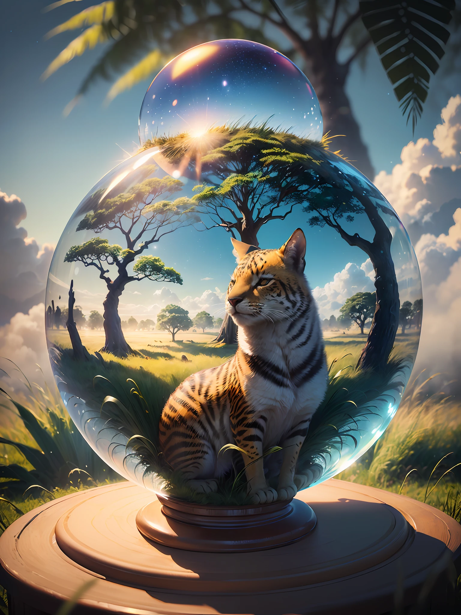 Hyper-realistic、16K High Resolution、(Maximum Sharp Focus:1.3)、(Maximum Close-up:1.5)、(Lots of animals in a single crystal ball with pedestal on table:1.3)、(savanna、grass field、massive trees:1.5)、(white clouds、White fog、milkyway:1.3)、(Large bokeh background、blue back light:1.3)