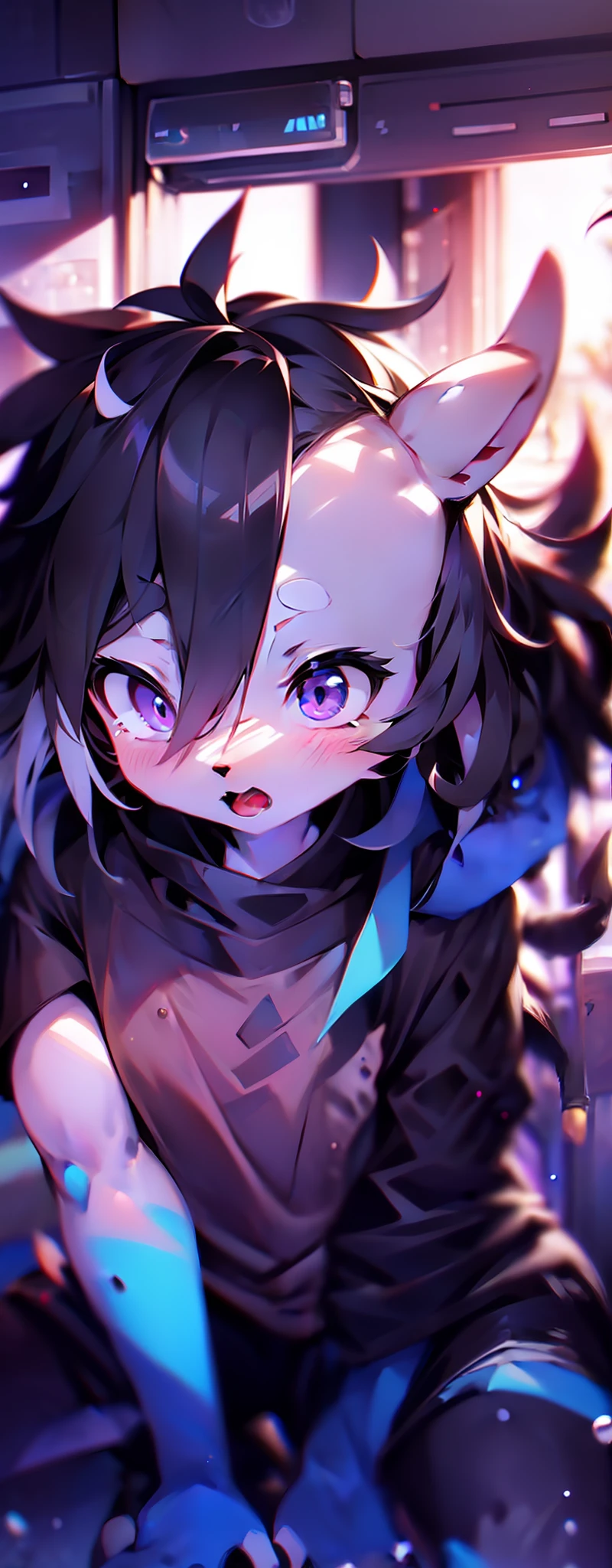 Shota，dark gray，Blue-and-black hair，Purple eye kernel，adolable，Black skin，It has a blue pattern，Black spout stockings，Black spout stockings，full bodyesbian，emaciated，emaciated，is shy，4K quality，Extreme light and shadow，Smooth and reflective skin，Black shirt，Black cropped pants
