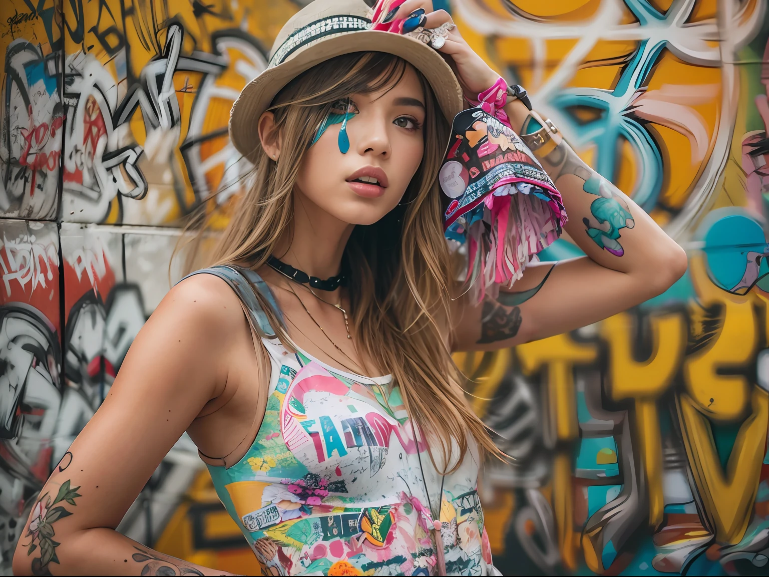 fashion model photography, Fashion trend girl, Summer, Street style, full body, Street graffiti wall in the background,The walls are covered with English graffiti,Dream Space --S 750 --Q 2 --V 5.1