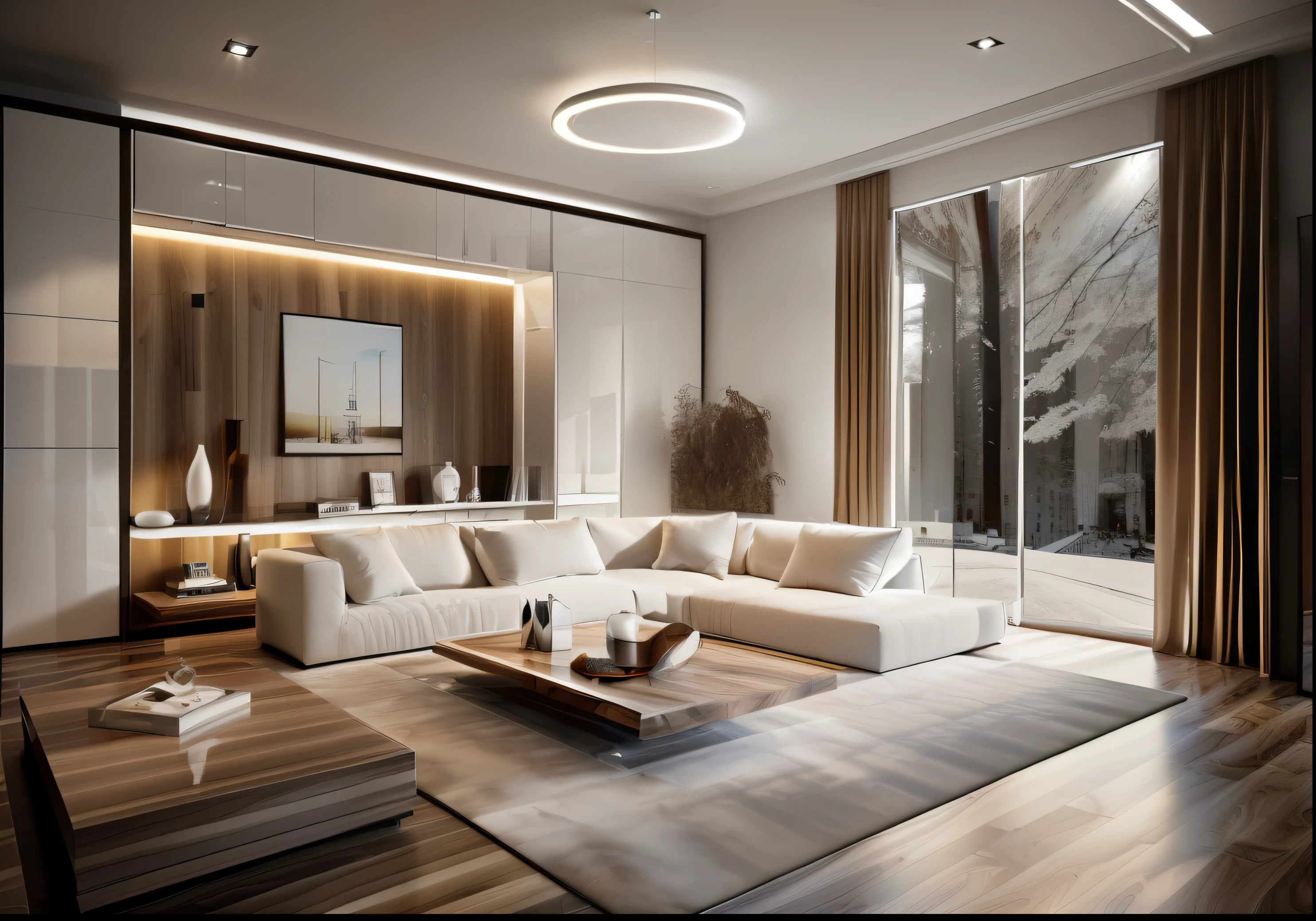 ((Best quality, 8k, Masterpiece :1.3)), bedrooom design, minimalist walnut motif furniture, flat plaster ceiling , wood floor, day light,( 3/4 . angle:1.4)), (glossy white panel), 1 abtract poster