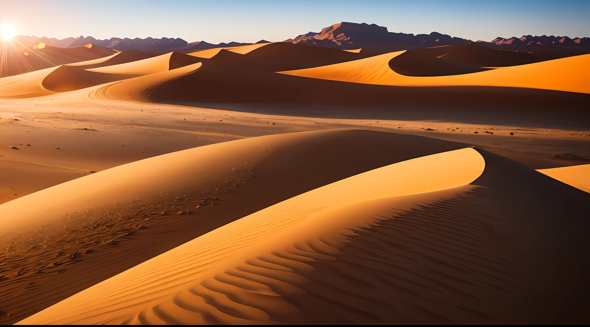 A panoramic view of Dune 45 in the landscape around Sossusvlei, light and shadow, Namib Naukluft National Park, Namibia, Namib Desert, Africa. The dune is tall and imposing, with its bright reddish sides contrasting with the clear blue sky. The surrounding landscape is dry and barren, with a few small plants and shrubs scattered around. The sun shines brightly, creating strong shadows on the sides of the dune. The image is beautiful and majestic, capturing the beauty and power of the Namib Desert. --auto
