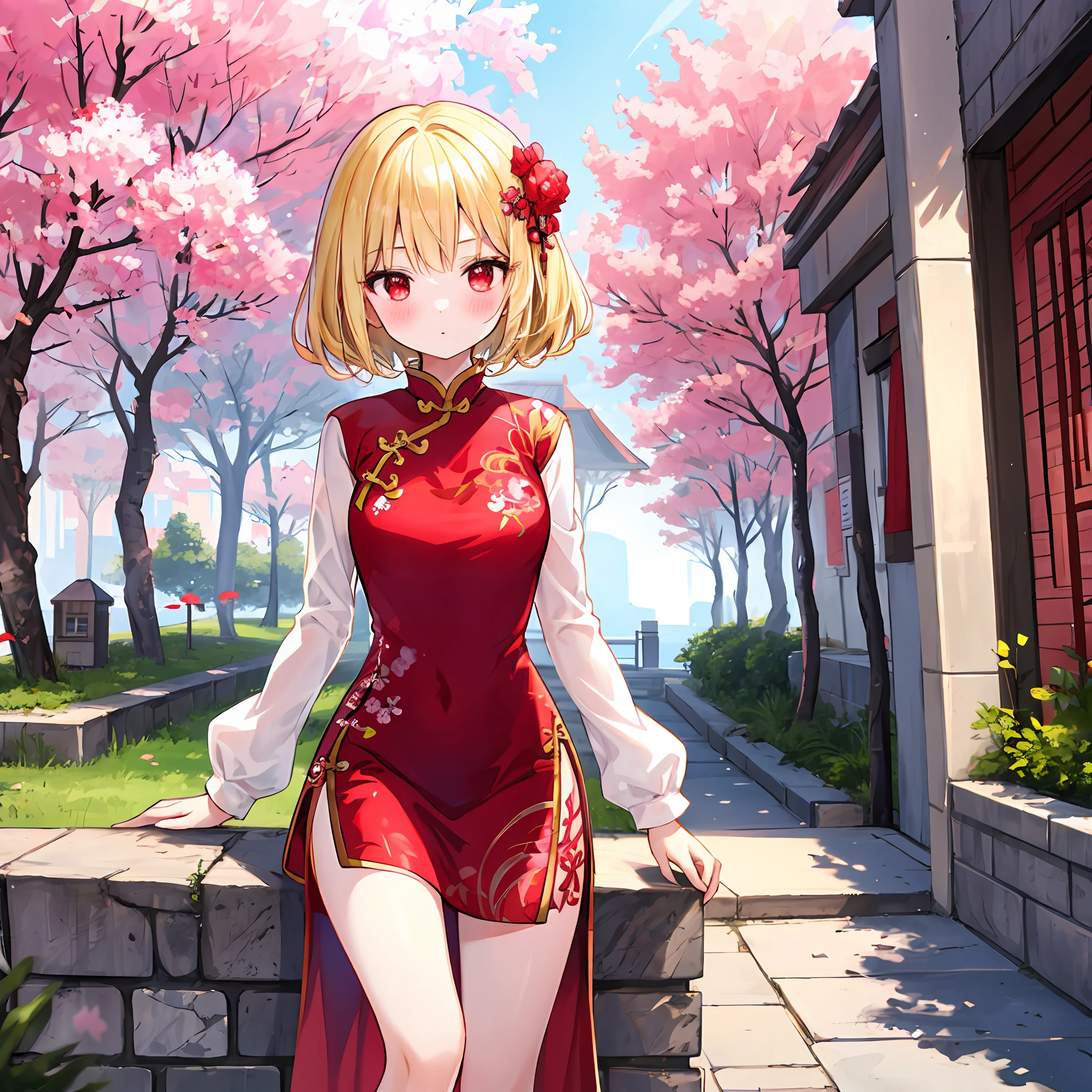 a blonde girl、red eyes、独奏、red blush、qipao dress、cherry trees、sunlights