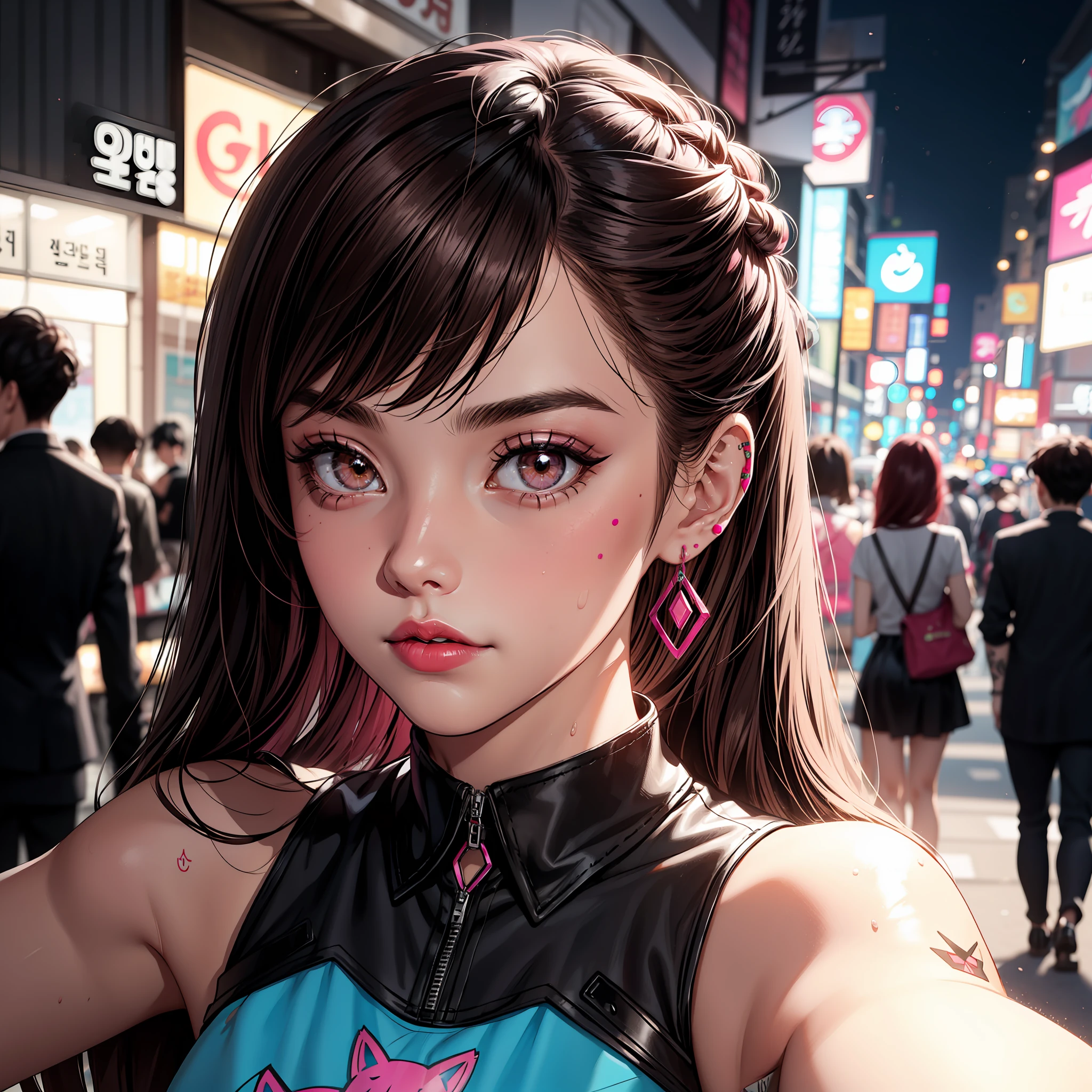 anime girl with pink makeup and pink lipstick ,hair pulled back, wearing black cat dress, single hair bun, in Seoul Korea , sweaty, D.va from Overwatch ,DVa, female, brown_eyes, pink_facial_mark, ((earrings)), tattoo, selfie view, pov selfie, black Gothic Punk Harajuku Style dress, black leather dress, sleeveless dress, at night, brown hair, brown eyes