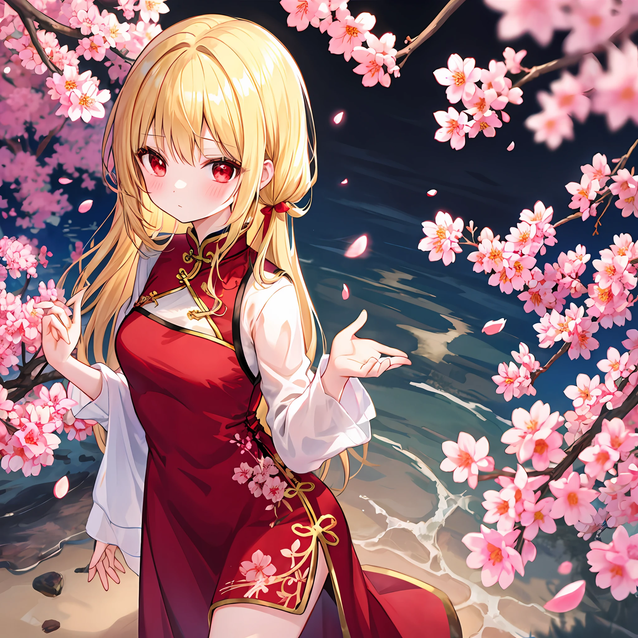 a blonde girl、red eyes、独奏、red blush、qipao dress、cherry trees、sunlights