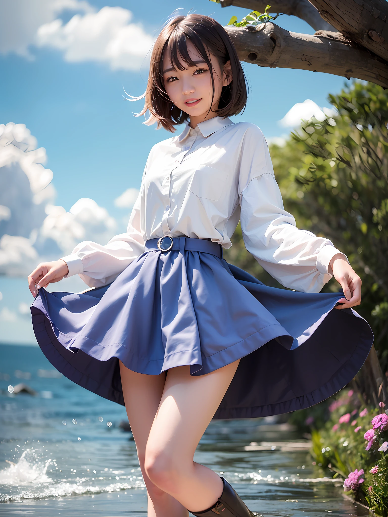 (dynamicposes:1.4), (dynamic ungle:1.4), Romper (细致背景:1.4)、hyper detailed background、(Floating light blue clouds:1.4)、(Floating blue flowers:1.4)、 Romper (perfect anatomia、perfect hand:1.4)、(Perfect five fingers:1.4)、(Perfect 4 long fingers and perfect short thumb:1.4)、(Thumb shorter than the other 4 fingers:1.4)、(Perfect two arms:1.4)、(Perfect two legs:1.4)、((top-quality、8K、​masterpiece:1.3))、1girl in、A smile、full body Esbian、Slim Faces、Pretty women、(dark brown  hair)、hyperdetailed face、A detailed eye、二重まぶた、blured background、Slim Faces、Cute、extremely delicate and beautiful girl、Happy smiling face、Overall、ultra-detailliert、4K、masutepiece、small mouth、Colossal tits、bura、Underpants、a short skirt,high waist skirt,high-necked,Sleeveless,bob cuts,long boots,ultra-detailliert, 4K, masutepiece,Smile,small mouth,white  shirt、Skirts that show the body line、low angles、White sweater、Takushiage、