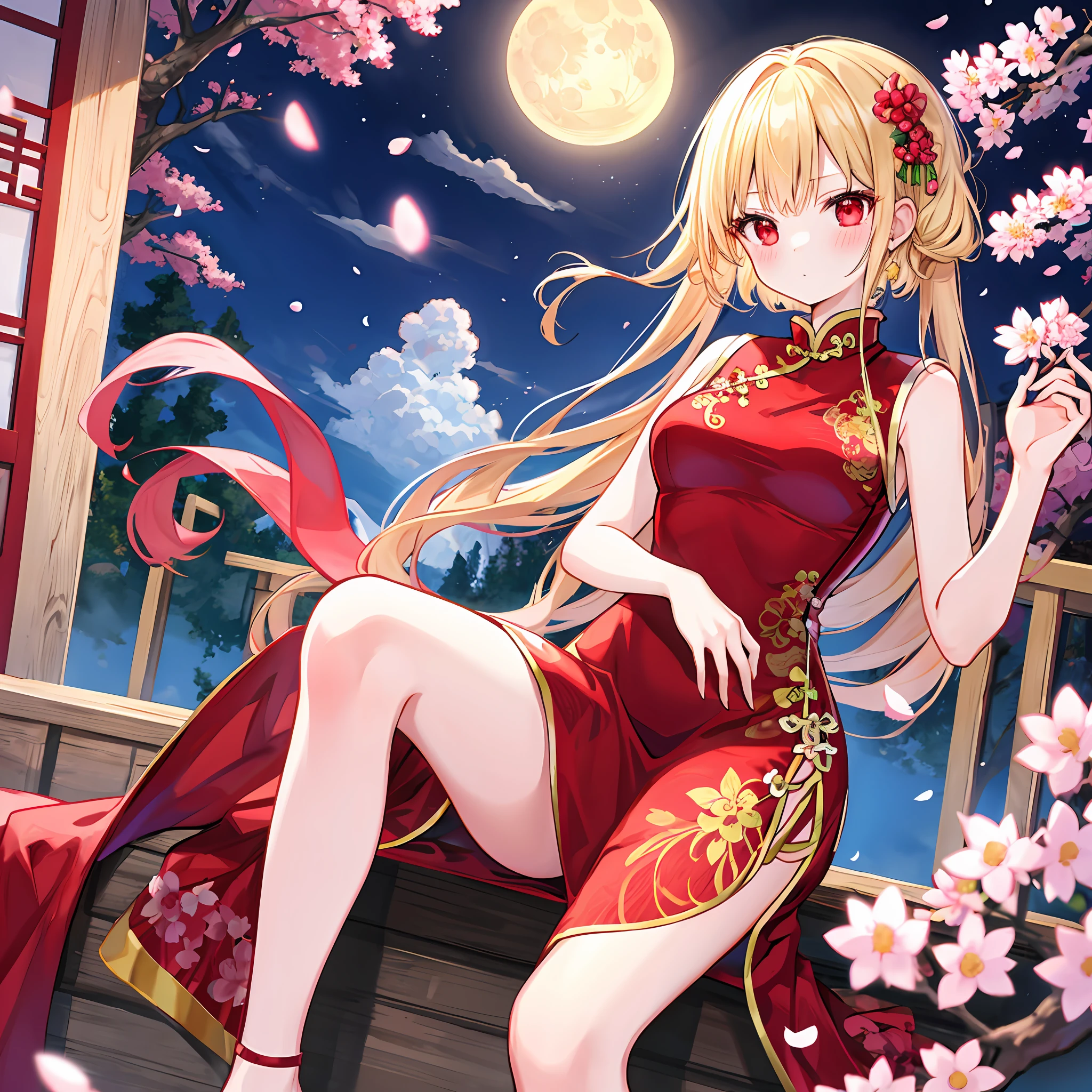 a blonde girl、red eyes、独奏、red blush、qipao dress、cherry trees、a moon、natta、