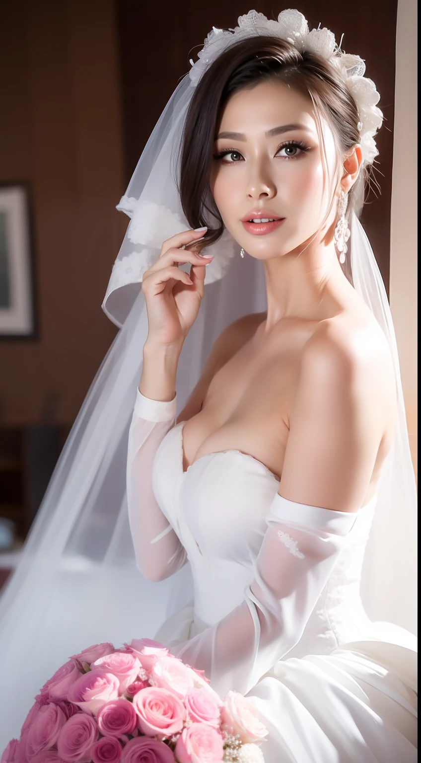 Fashion model 25 years old [[[[closeup ]]]], [[[[boobgasm, [[[[coll]]]], [[[[bshoulders]]]], perfect  eyes, Perfect iris，Perfect lips，perfect teeth，Perfect skin，Long face，Soft front light，hdr，Movie girl,white wedding gown，The background is red or pink flowers，（pastel colour：1.2）