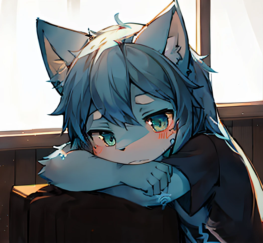 inside in room，Take a break，Girls give birth to boys，Sleep naked，Blue fur，Shark tail，Cat ears，shot on the body，Light，shadowing，dingdall effect，is shy，There is a succubus tattoo on the stomach，