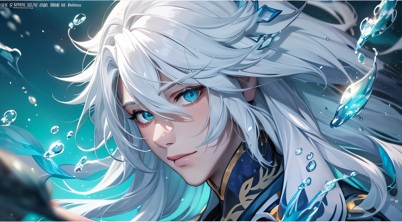 anime figurine of a male character with a long white hair and a blue tail, keqing from genshin impact, genshin impact character, genshin, zhongli from genshin impact, genshin impact, onmyoji detailed art, under water background, iridescence water elemental, video game genshin impact, white haired deity, genshin impact style