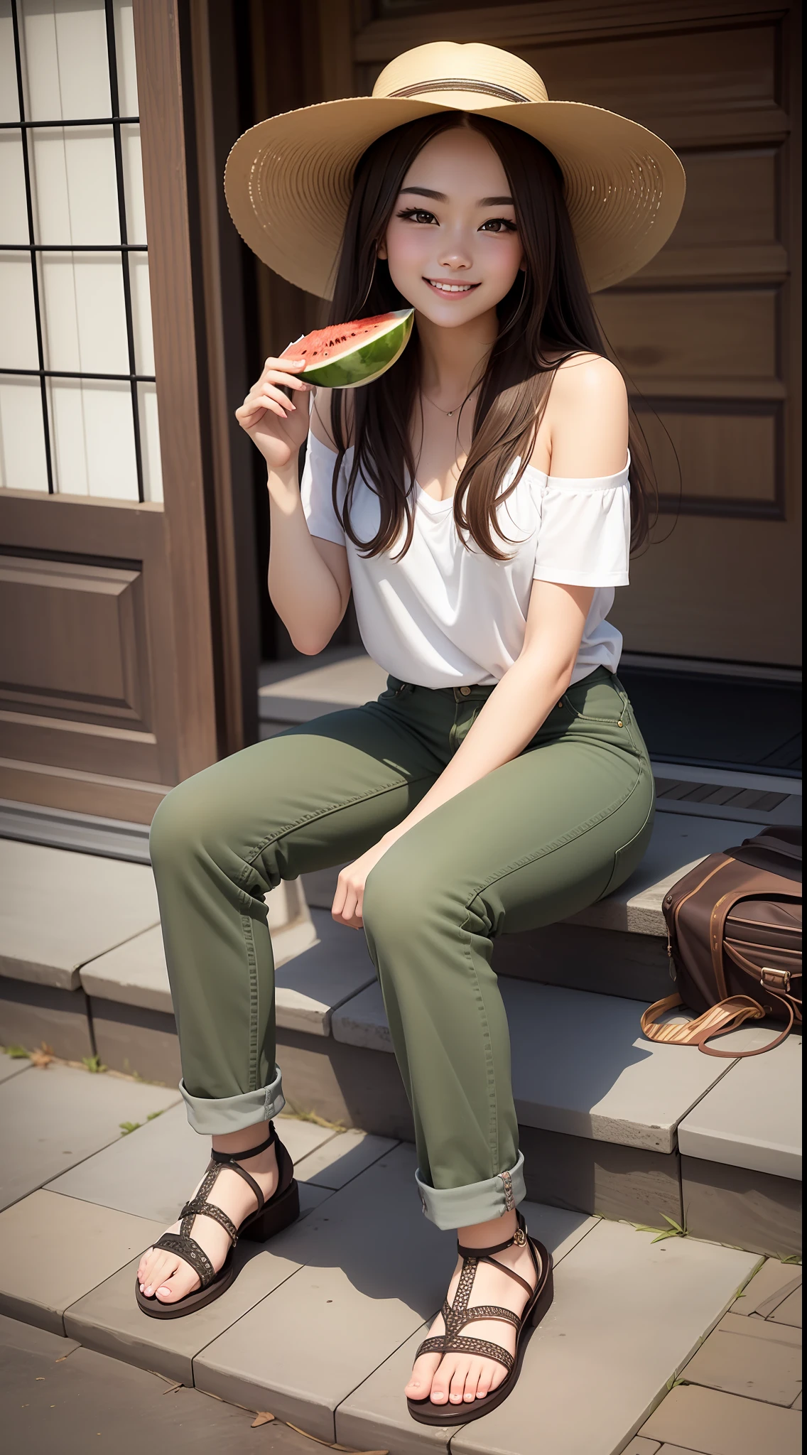 (intricate detailes)perfect anatomia,perfectly proportions,face perfect, 23years old, Incredible Beautiful Girl,face perfect, make - up:1.5, Bright on the face,happily laughing, Details of face, length hair,dark brown hair、Straight hair,T-shirt with tube top,a straw fedora hat,Light-colored denim pants,Knitted sandals,Short stature,Leanness,Eating watermelon,Smaller chest,Sit on the porch of the Japan's house,um Home Detetive, conceptual art, 真实感, godrays, Cinematographic lighting, multi view, canon, High Details, hiquality, hard disk, 16K resolution,Full body portrait,full body Esbian