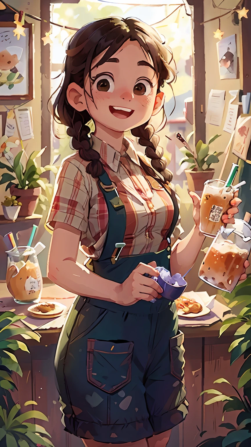 watercolor paiting。Small town young woman，The hostess of the milk tea shop，Black hair with two braids，ssmile，Very cheerful，standing on your feet，Wear green suspenders and a white shirt，up front view，full bodyesbian，The background is the busy customers of the milk tea shop, and the environment is beautiful，Perfect quality，（Dining hall：0.8），（tmasterpiece：1.2） （realisticlying：1.2） （bokeh） （best qualtiy） （skin detailed：1.3） （complexdetails） （8K） （detailedeyes） （Sharp focus）， （cheerfulness）