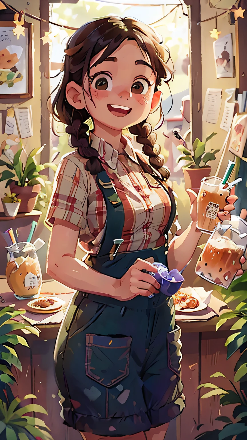 watercolor paiting。Small town young woman,The hostess of the milk tea shop,Black hair with two braids,ssmile,Very cheerful,standing on your feet,Wear green suspenders and a white shirt,up front view,full bodyesbian,The background is the busy customers of the milk tea shop, and the environment is beautiful,Perfect quality,(Dining hall:0.8),(tmasterpiece:1.2) (realisticlying:1.2) (bokeh) (best qualtiy) (skin detailed:1.3) (complexdetails) (8K) (detailedeyes) (Sharp focus), (cheerfulness)