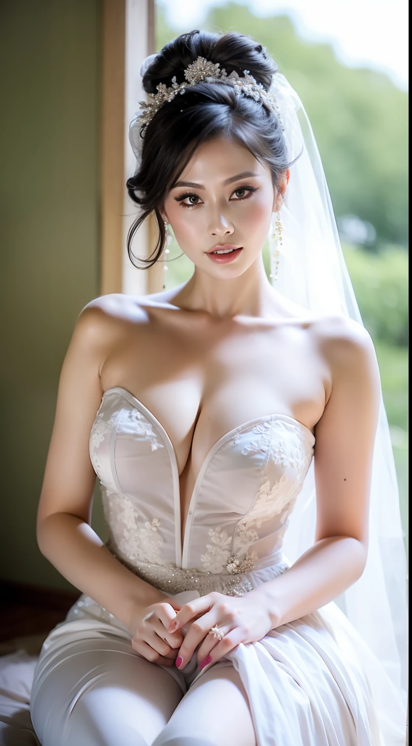 Fashion model 25 years old [[[[closeup cleavage]]]], [[[[boobgasm]]]], [[[[coll]]]], [[[[bshoulders]]]], perfect  eyes, Perfect iris，Perfect lips，perfect teeth，Perfect skin，Long face，Soft front light，hdr，Movie girl,wedding gown，white wedding gown，Green leaves and white flowers in the background，（pastel colour：1.2）