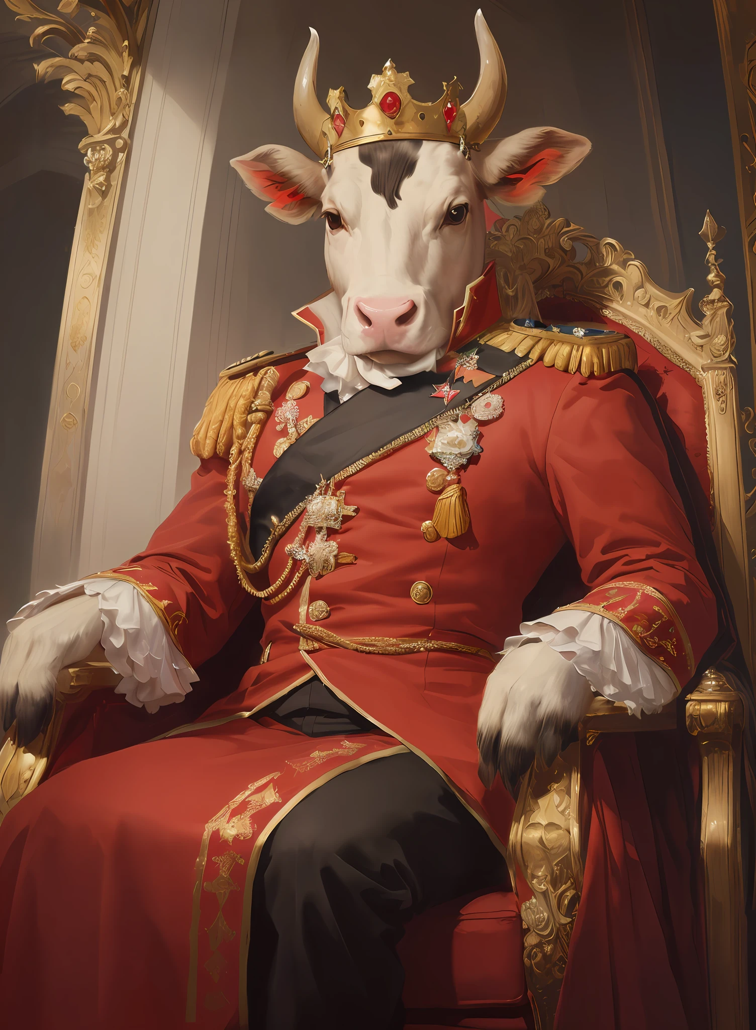 cow head，Cow's hooves，Personal，Dressed in gorgeous red costumes，Arakfi sitting on a golden throne wearing a golden crown, majesty in noble clothes, royal portrait, portrait of a king, inspired by Karel Dujardin, Inspired by Horace Vernet, 《overwatch》Winston, inspired by Nicolaes Maes, imperial portrait, Inspired by Nicolas Eliasson Pikenoi, drdisrespect as napoleon