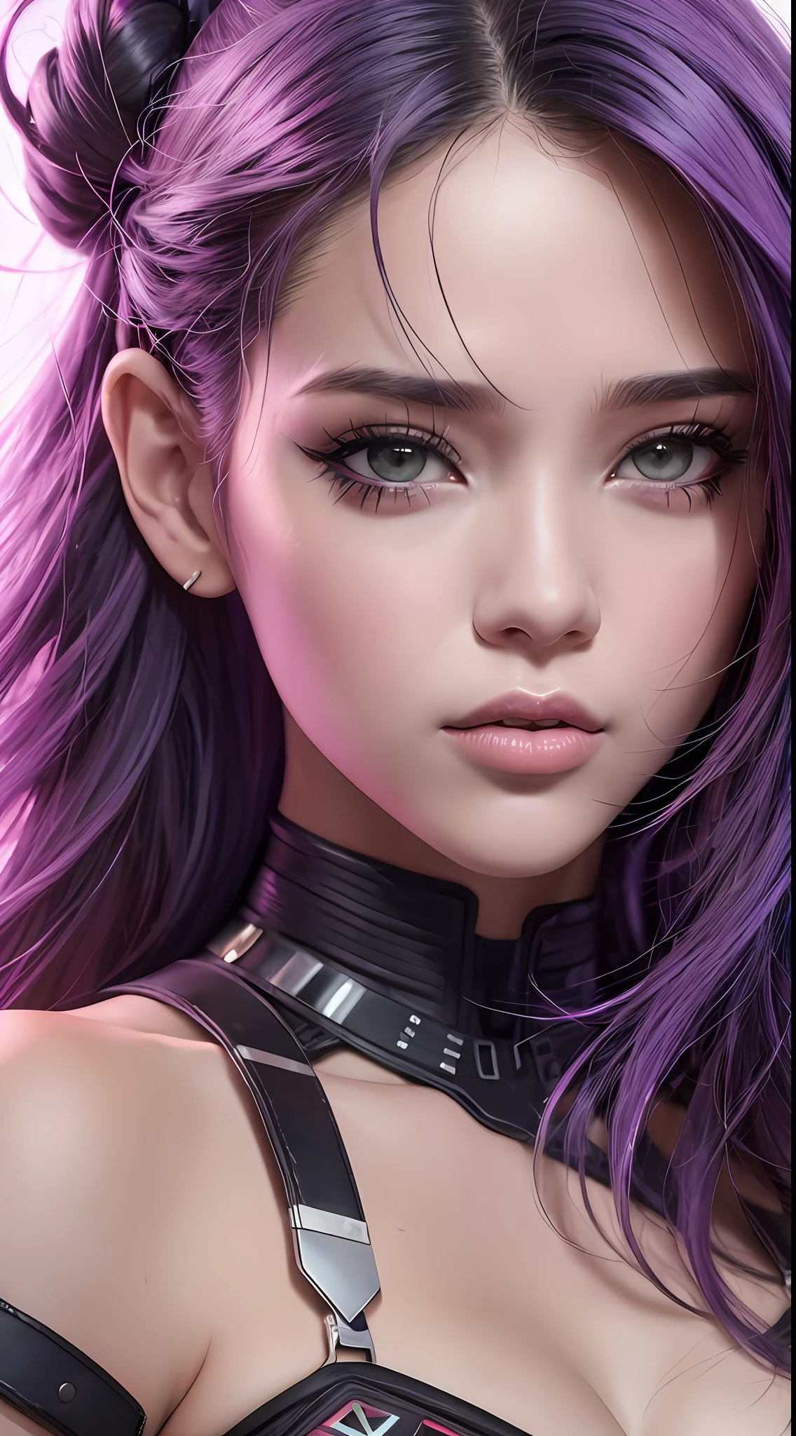 um close up de uma mulher com cabelo roxo e um top preto, desenhado no estilo de Artgerm, Modelo IG | Artgerm, Alena Aenami e Artgerm, splashes of lightning behind her, Ross Tran 8 K, Artgerm extremamente detalhado, menina cyberpunk sonhadora, em estilo de artgerm, Estilo de arte realista