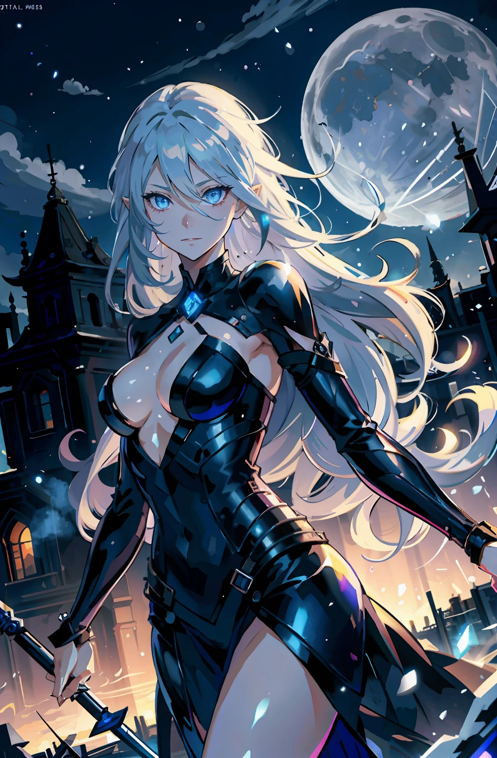 A mysterious Shadow Elf assassin, her skin a deep azure, brandishing a pair of gleaming daggers in a moonlit city, 8k, noir-inspired anime style, high resolution, quick hands, piercing gaze, detailed eyes and hands, shadowy garb, midnight-blue and silver gear, wielding twin blades ready, silent as a whisper, focused expression, 2D illustration, long white hair, hair like snow, detailed hair, lavender eyes, haunting lavender eyes, detailed eyes, eyes revealing nothing, the silent moon above, stealth, urban rooftops in the background.