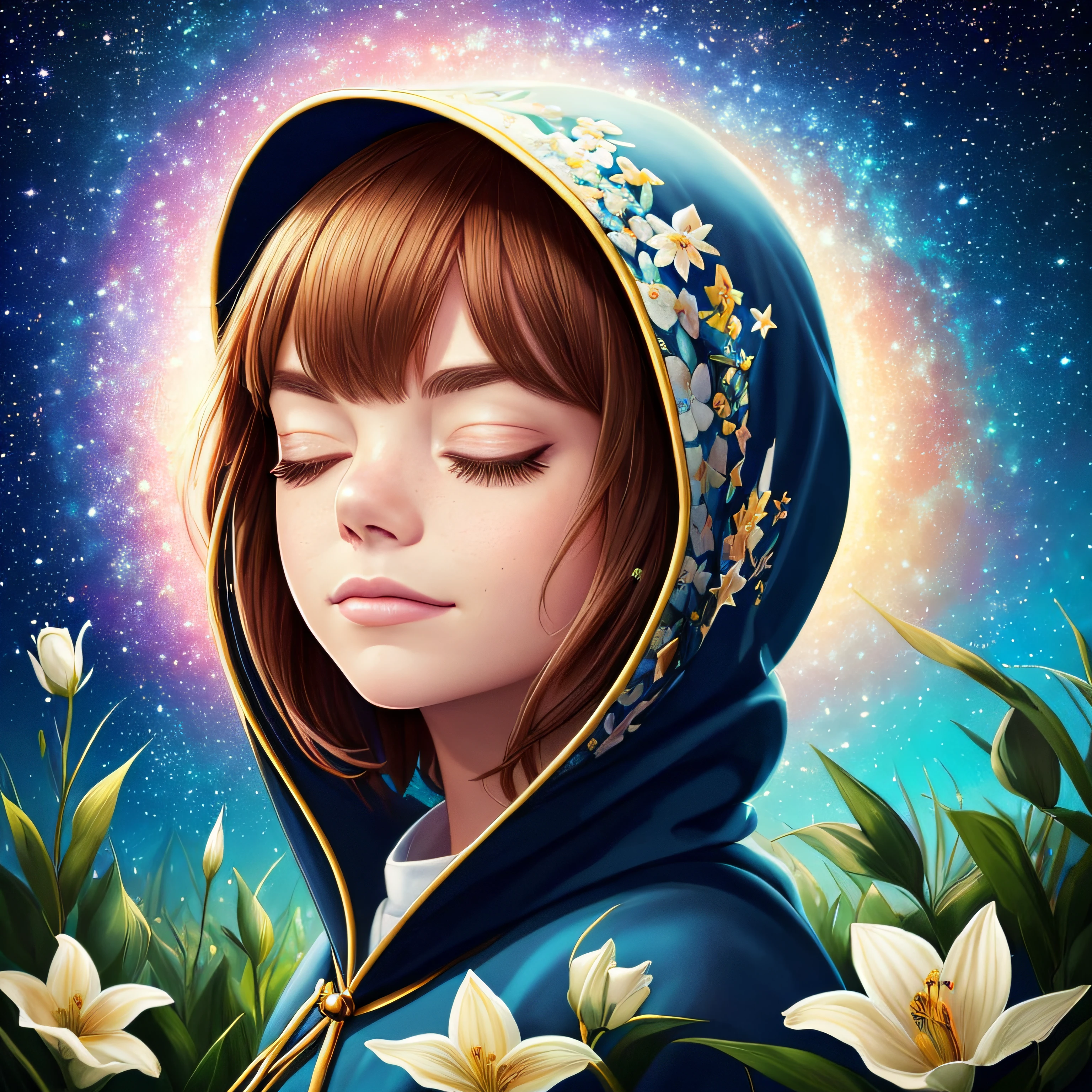 (((meio retrato))), (((there's Emma Stone who's praying with her eyes closed in flowers wearing a hooded T-shirt: preto e um colar simples))), (((flying saucer is visible in the sky))),(((usando roupa: hiphop))), (((Background visible universe))), (((estrelas sao visiveis no ceu))), (((it's at night))), Beautiful digital illustration, painting digital adorable, pintura realista da menina bonito, retrato bonito da arte da fantasia, retrato bonito da fantasia, bela arte digital, stunning digital illustration, a beautiful artwork illustration, Digital painting nice, lindo pintura digital, retrato da arte da fantasia, bela arte digital, Bela arte UHD 4K