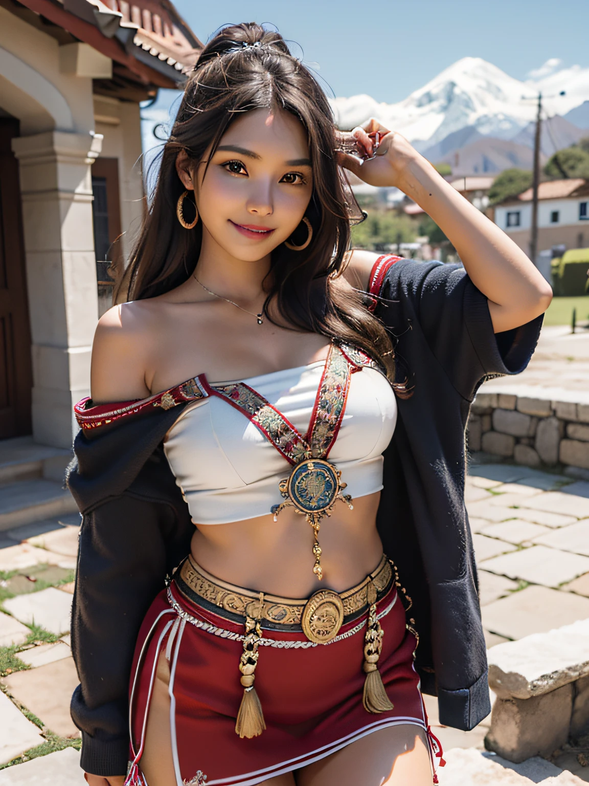 1girl, peruana latina, inca tahuantinsuyo, mejor calidad, obra maestra, ultra-high-resolution, fotorrealista, 1girl, offshoulder, sonrisa,